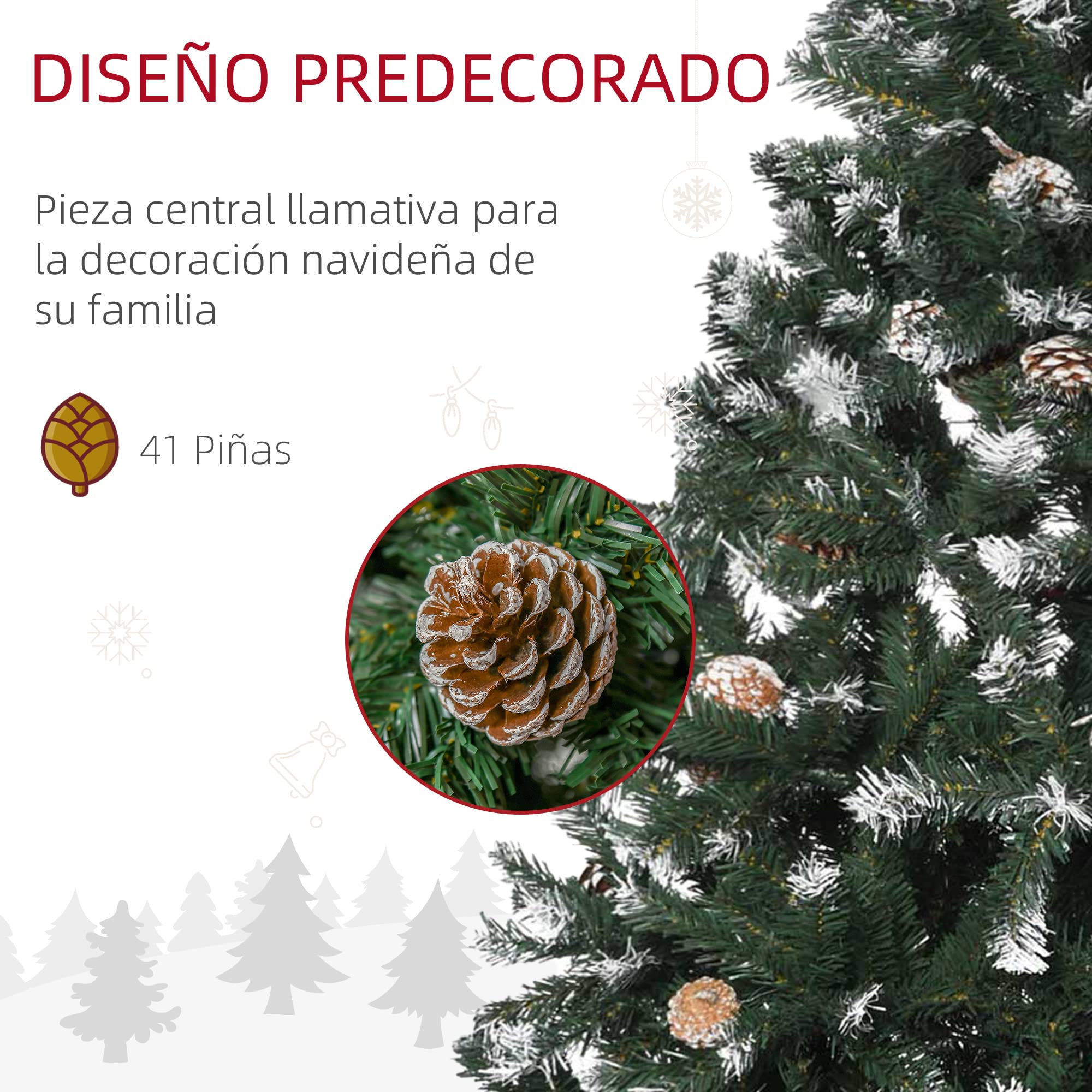 HOMCOM Árbol de Navidad Artificial 150 cm con Nieve con 676 Ramas 41 Piñas Hojas de Plástico Apertura Automática Base de Soporte Metálica y Plegable Decoración Navideña para Interiores Verde
