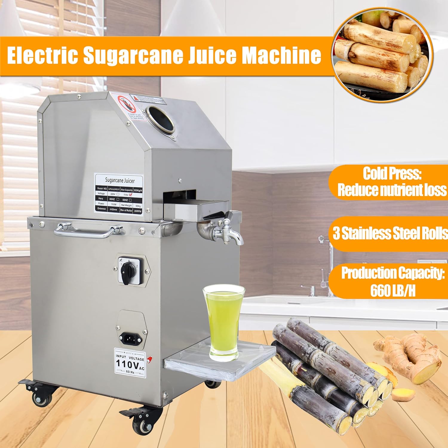 TECHTONGDA 110V Electric Sugar Cane Press Juicer Machine, 3 Rolls Stainless Steel Sugarcane Grinder Cold Press, with Cleaning Port and Casters, 660 lbs/h