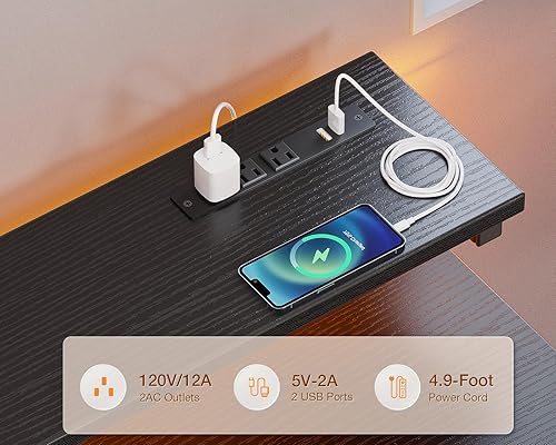 Miniatura 5 de ODK Escritorio pequeño para computadora de 40 pulgadas con 3 cajones y puerto de carga USB y toma de corriente, escritorio de oficina con luz LED,