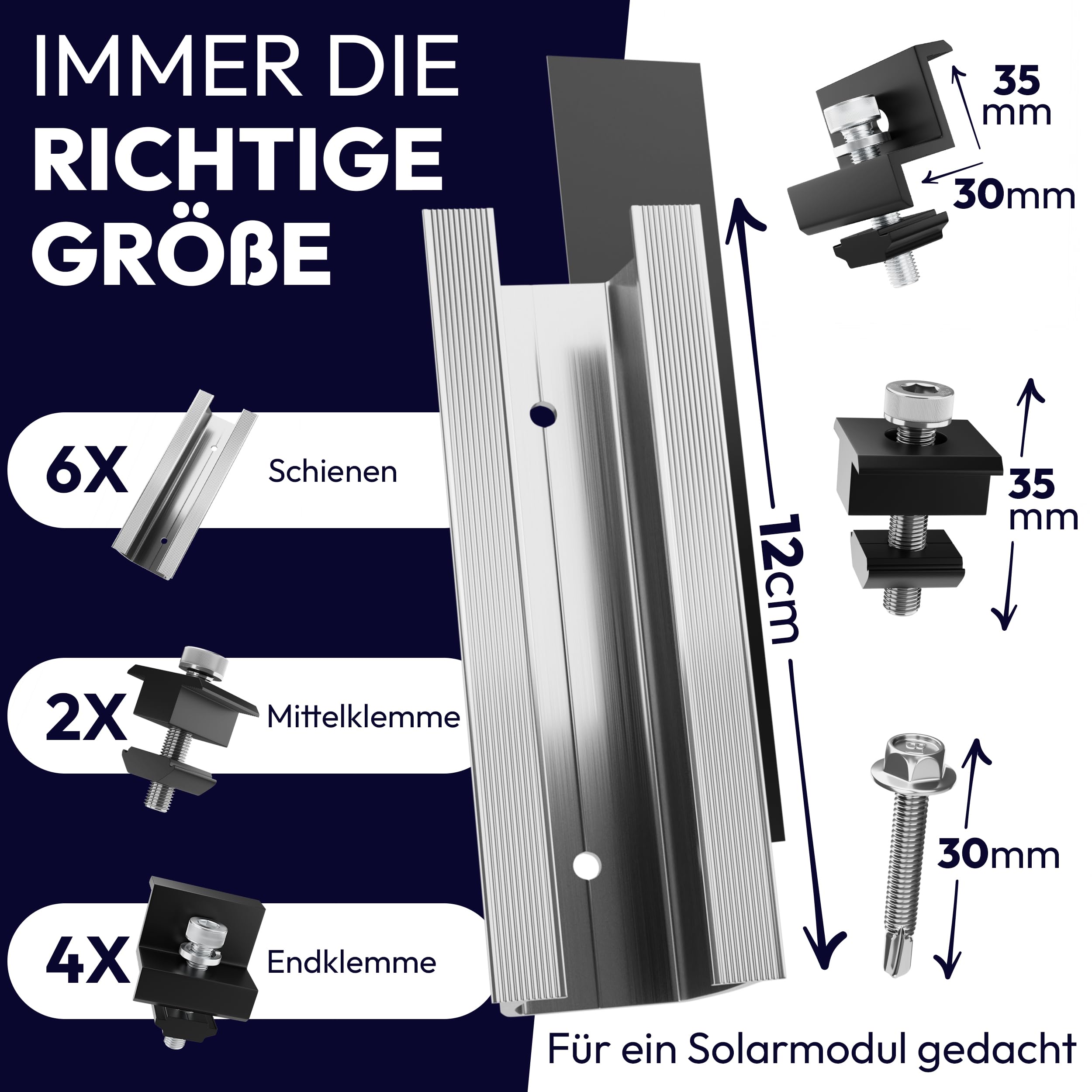 AMSID Solarpanel Halterung Solarpanel Balkonkraftwerk Montageschiene 12cm, PV Halterung verstellbar schwarz Klemme 30-35mm, Befestigungsset 2 Module geeignet für Flachdach Trapezdach.
