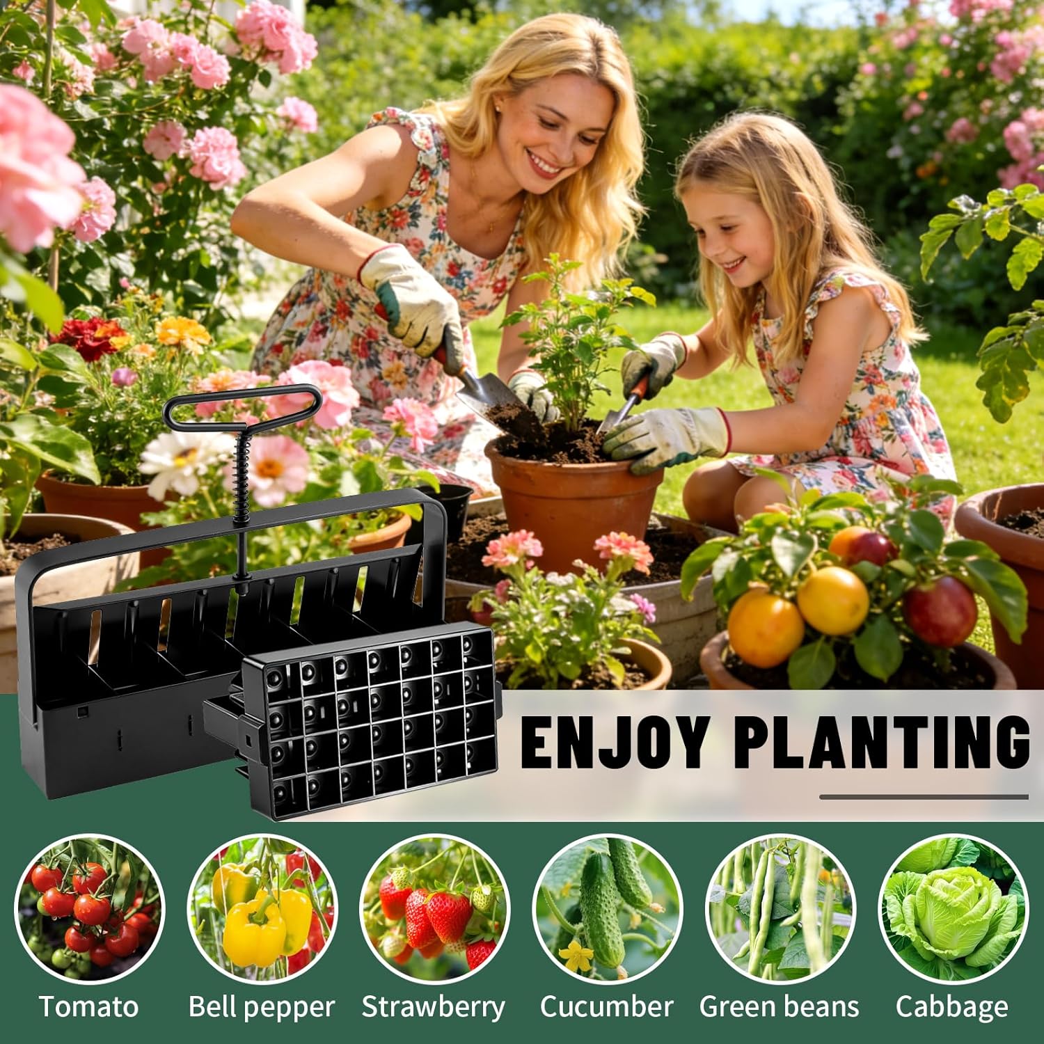 Soil Block Maker Bundle - Large 2" and Small 0.67" Handle Manual Soil Blocker 2 Inch with 3 Types of Seed Pins, Seedling Tray, Grow Tweezer - Seed Starter Tool for Garden Seedlings, Cuttings