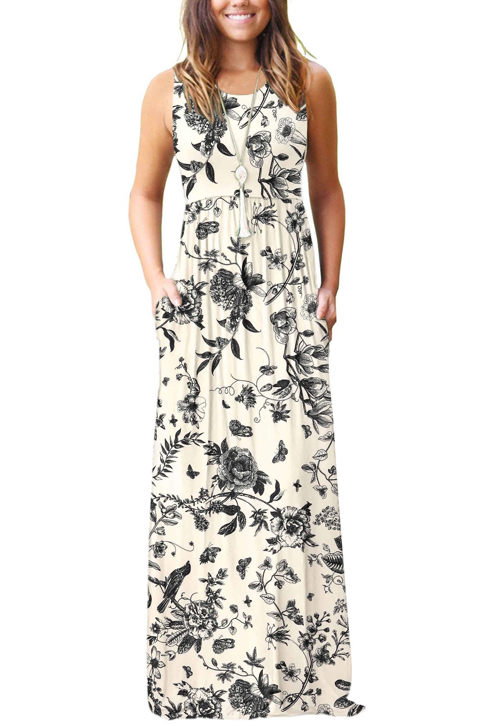 AUSELILY Women's Summer Sleeveless Loose Plain Casual Long Maxi Dresses | Year Round wear solid floral print, Casual daily wear, Empire waist, Floor length, Side pockets New
