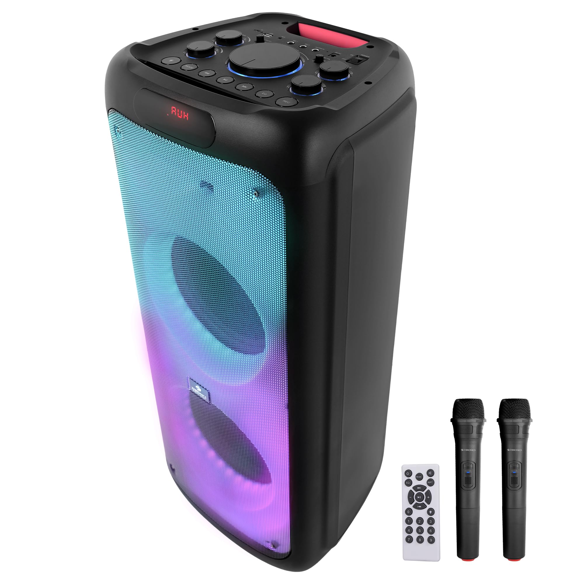 ZEBRONICS 120 Watts Party Speaker with 2 Wireless Mic, 7 hrs Playtime, Karaoke & Recording Function, Type-C Charging, TWS, Bluetooth, USB, AUX, mSD, RGB Modes (Thump 700)
