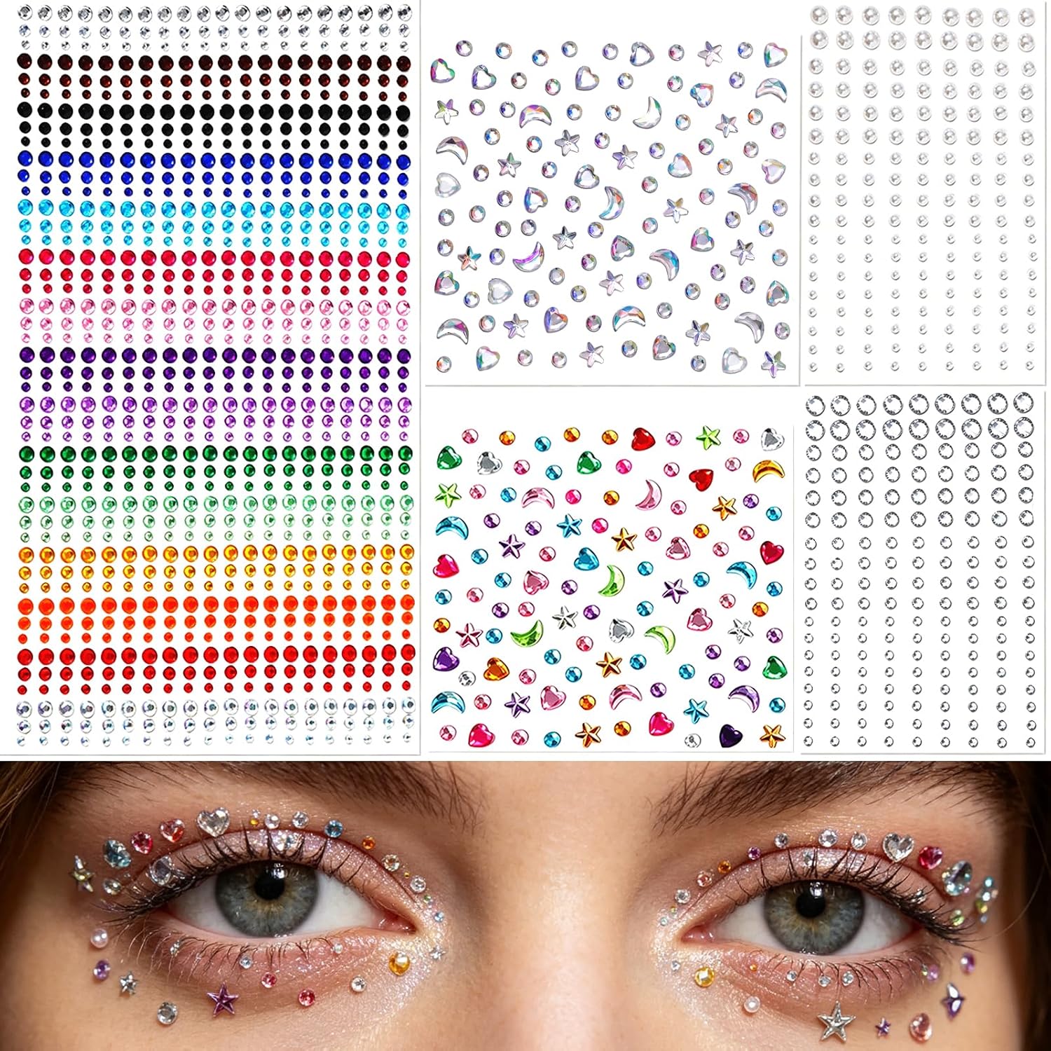 5 Sheets Face Gems Jewels Self-Adhesive Rhinestone Stickers for Women