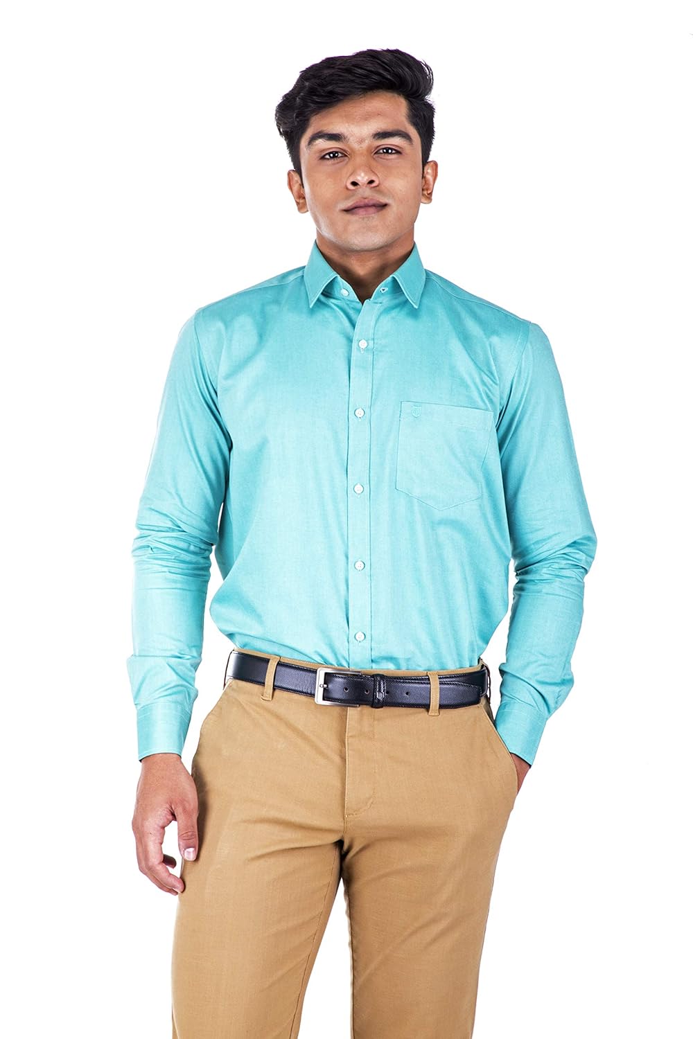 turquoise shirt khaki pants