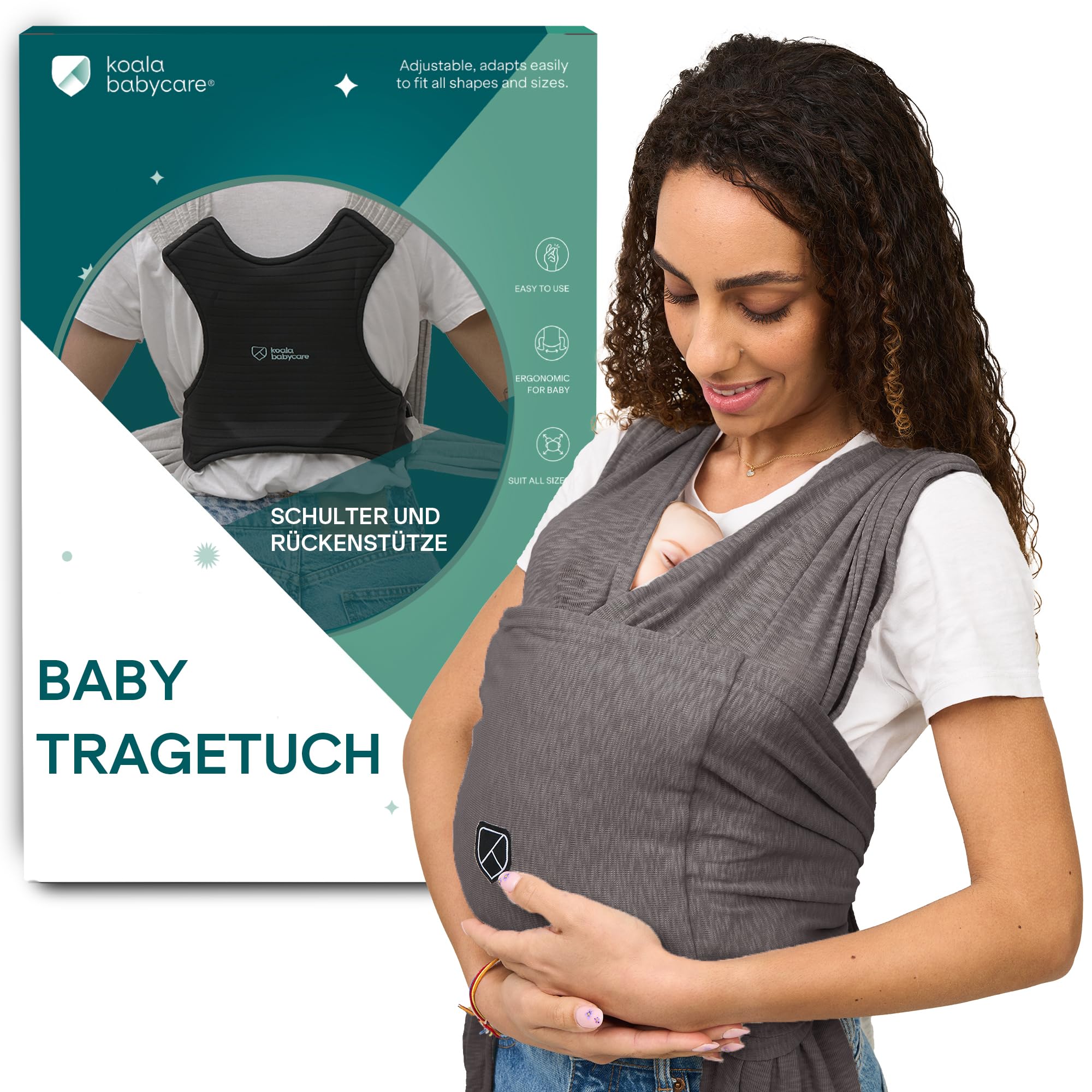 Koala Babycare Tragetuch Baby Neugeborene - Einfach Anzuziehen für Mütter und Väter - Babytrage Multi-Use Bis 9kg - Babytragetuch Anthrazitgrau