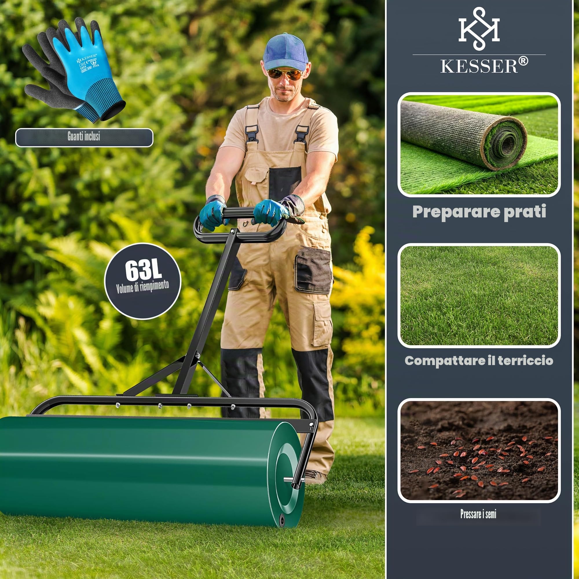 KESSER® Rullo per prato in metallo, riempibile con acqua o sabbia, con 63 litri di volume e 99 cm di larghezza, rullo da giardino con guanti, rullo manuale per prato, rullo da agricoltura, colore