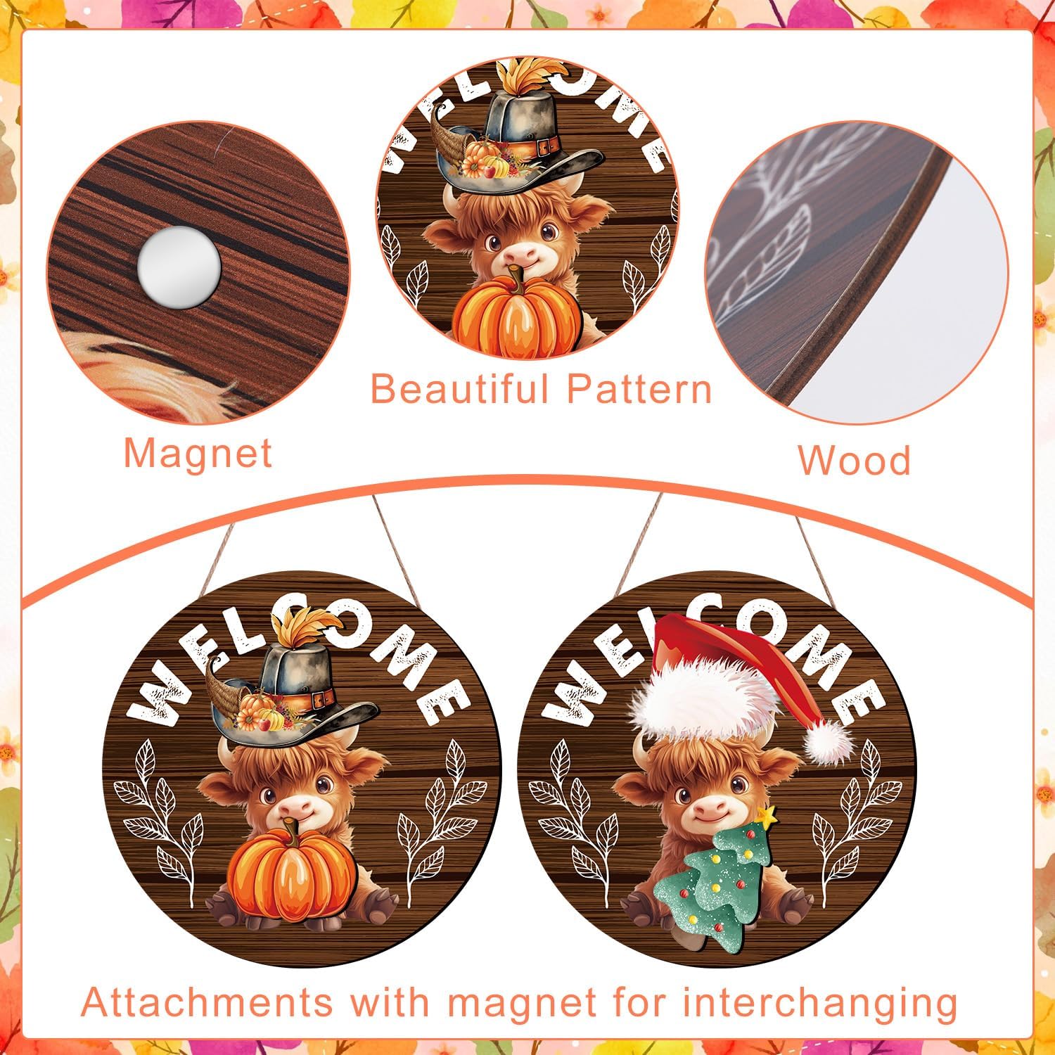 Gameza Interchangeable Welcome Sign for Front Door, Highland Cow Welcome Sign with Interchangeable Holiday Magnet Swappable Pieces, Wooden Home Hanging Decor - Image 3