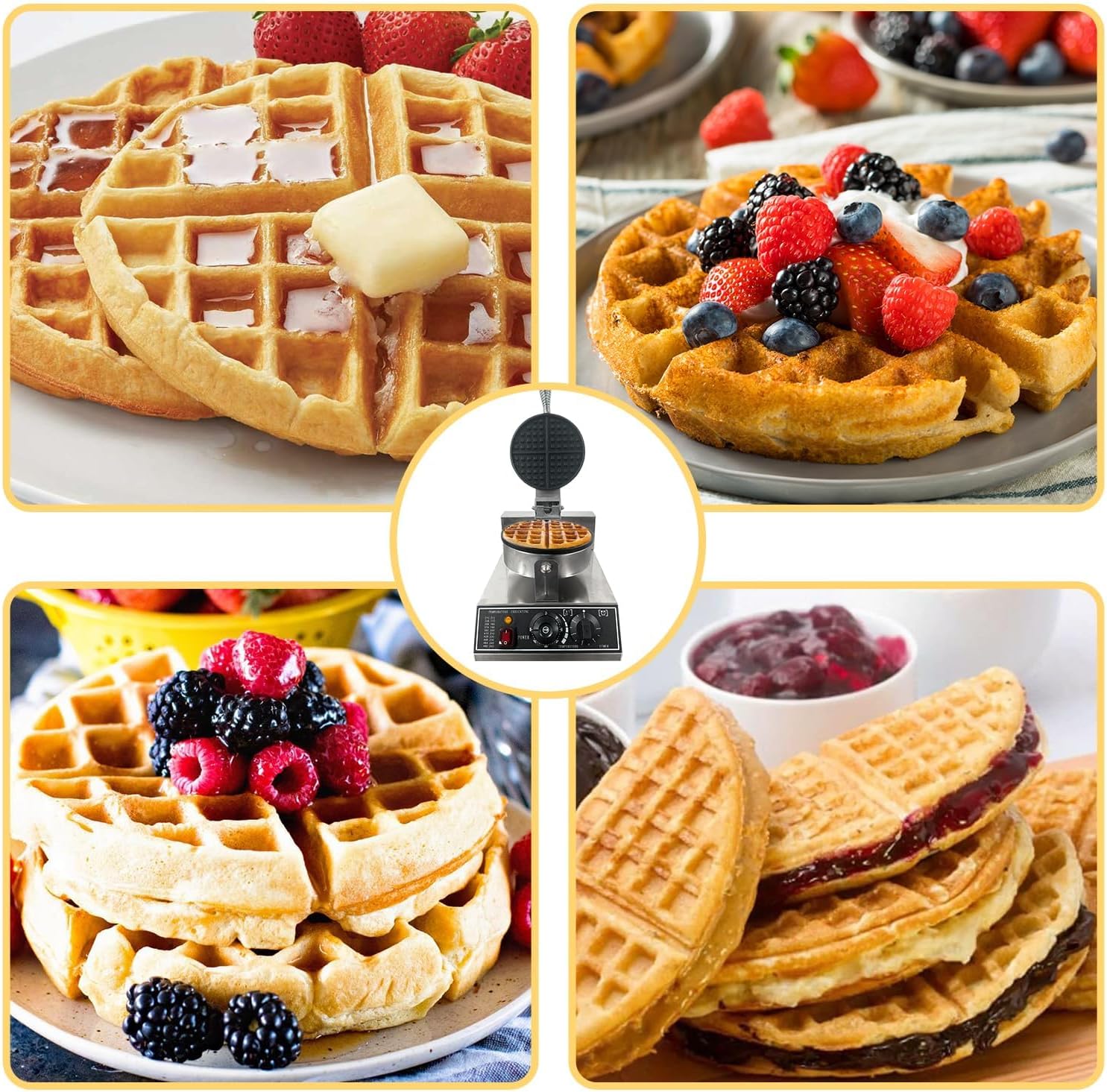 Commercial Waffle Maker, 1200W Stainless Steel Round Waffle Irons with Adjustable Temperature and Time Control, Non-Stick Design, Perfect for Home Kitchen, Restaurant, Bakeries