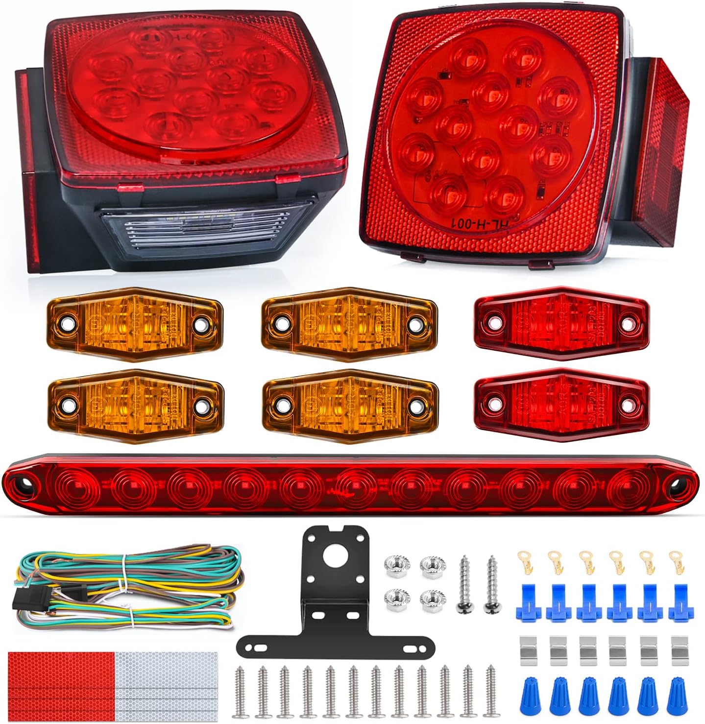 Nilight LED Trailer Light Kit Square Stop Turn Tail Red Amber Side Marker lights Third Brake ID Bar for 12V Utility Boat Camper RV Trucks Marine Snowmobile