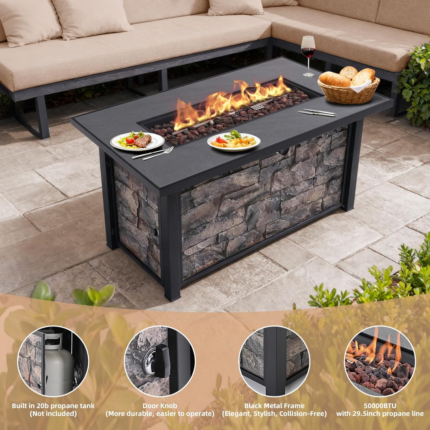 48'' Propane Fire Pit Table, 50000 BTU Outdoor Gas Fire Pit, with Stone Panel, Ceramic Tabletop & Aluminum-Coated Steel Tube Legs, Lava Rocks, Metal Lid and Rain Cover for Outside Patio