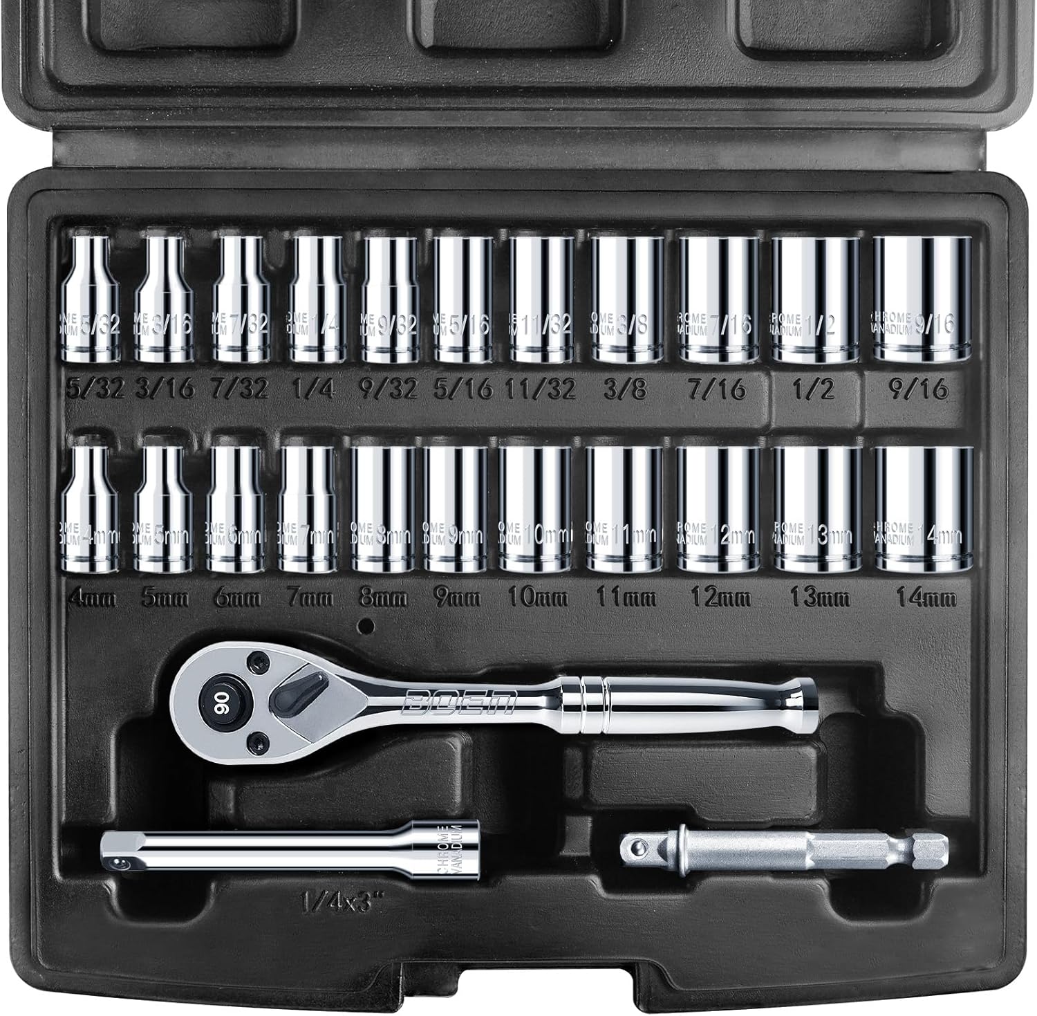 25 Pieces 1/4" Drive Socket Set, SAE (5/32"-9/16") & Metric (4mm-14mm), 6-Point, Shallow Sockets with Ratchet, Extension Bars and Storage Case,Cr-V Steel