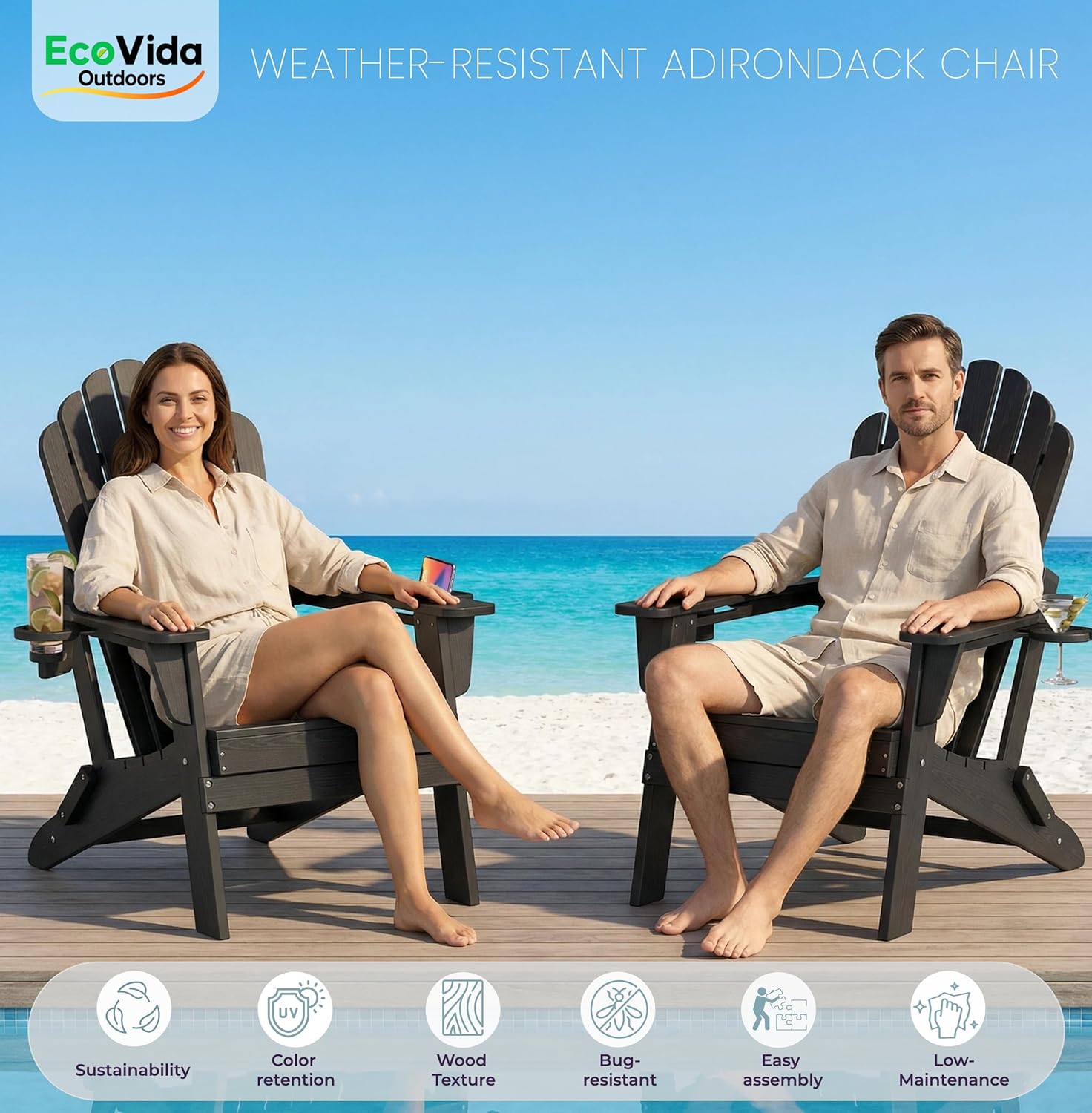 Oversized Adirondack Chair with Dual Cup Holders, Ergonomic High Back HDPE Fire Pit Chair, 380lbs Capacity All-Weather Outdoor Patio Lounge Chair for Garden, Deck, Yard - Black