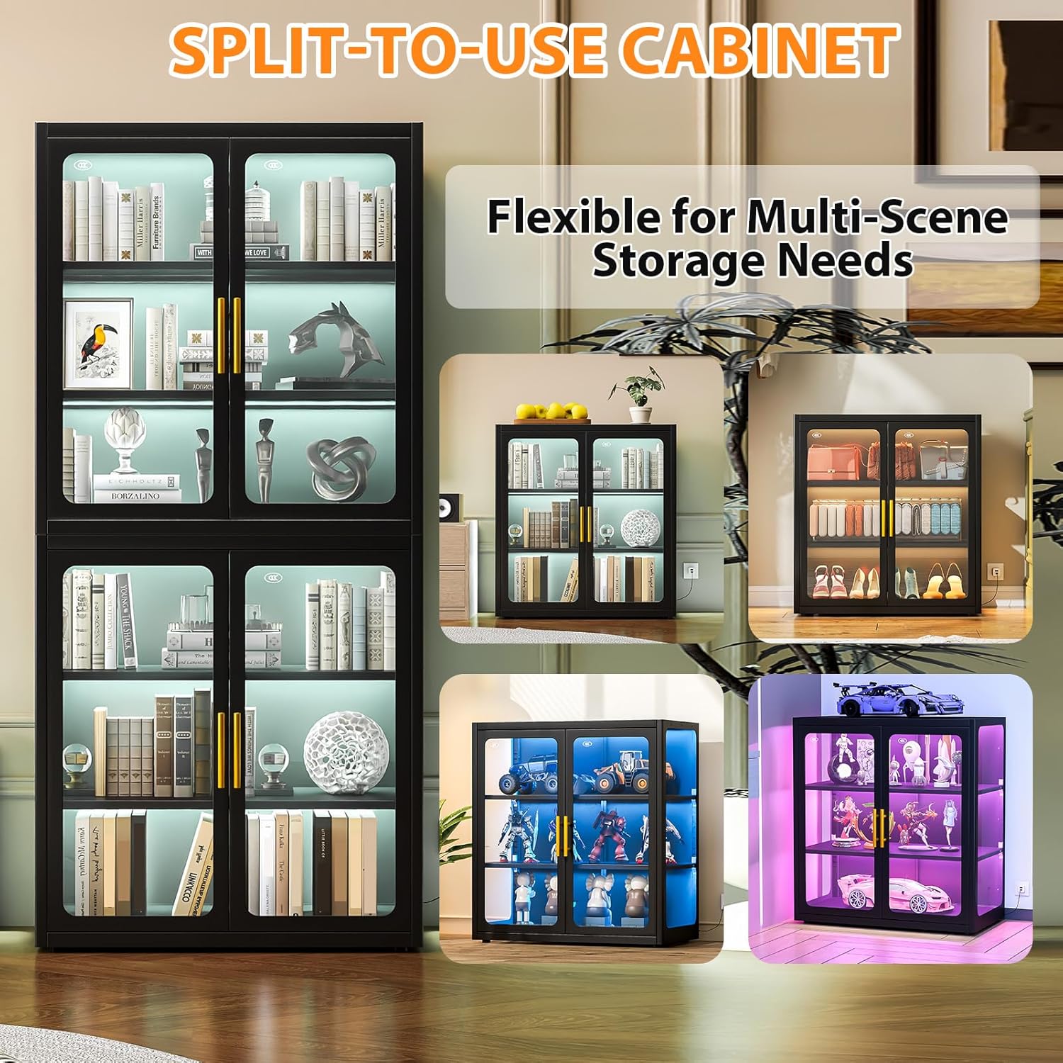 Display Cabinet with Glass Doors, 6-Tier 67" Curio Cabinet with Multi-Color LED Lights and 4 Adjustable Shelves, Glass Display Case for Collectibles, Bookcase,Metal Storage Cabinets (Black, 67"H)