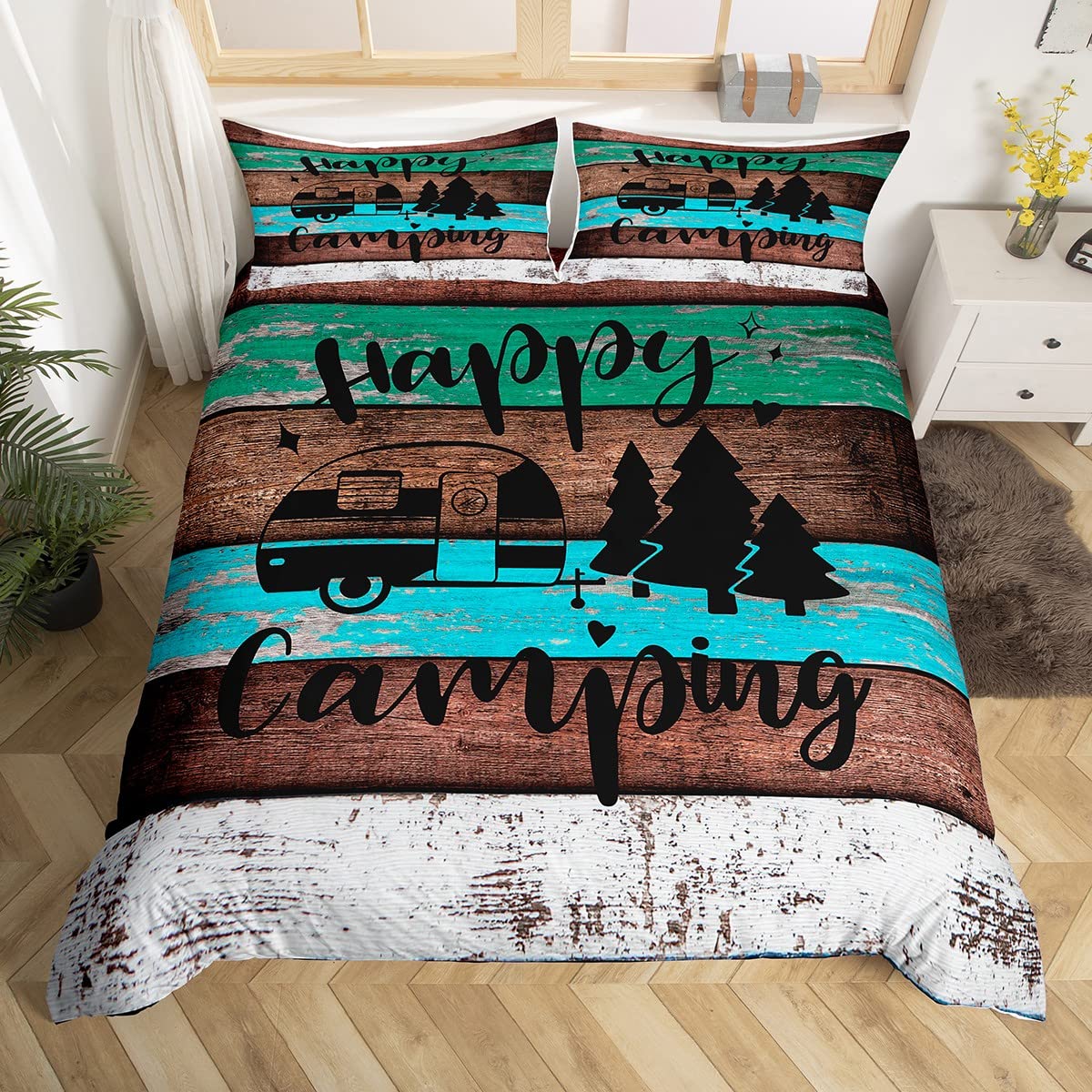 richhome Country Style Duvet Cover King for Kids Boys,Kids Camping Bedding Set with Zipper Closure Quilt Cover,White Brown Vintage Wood Barn Bedspread Cover 3 Pcs,Ultra Soft