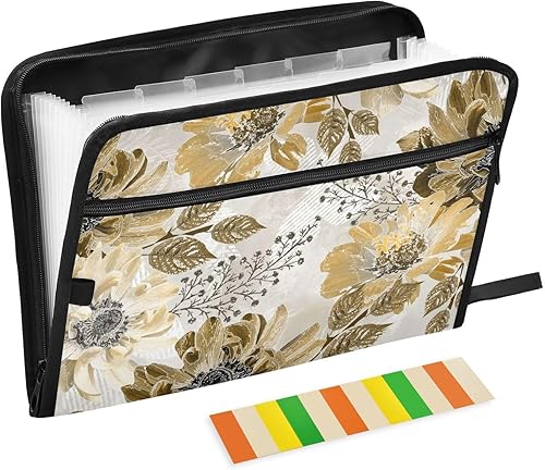ZZKKO Carpeta de archivos expansible con 13 bolsillos, diseño floral retro dorado con etiquetas, carpeta de archivos de acordeón, organizador de