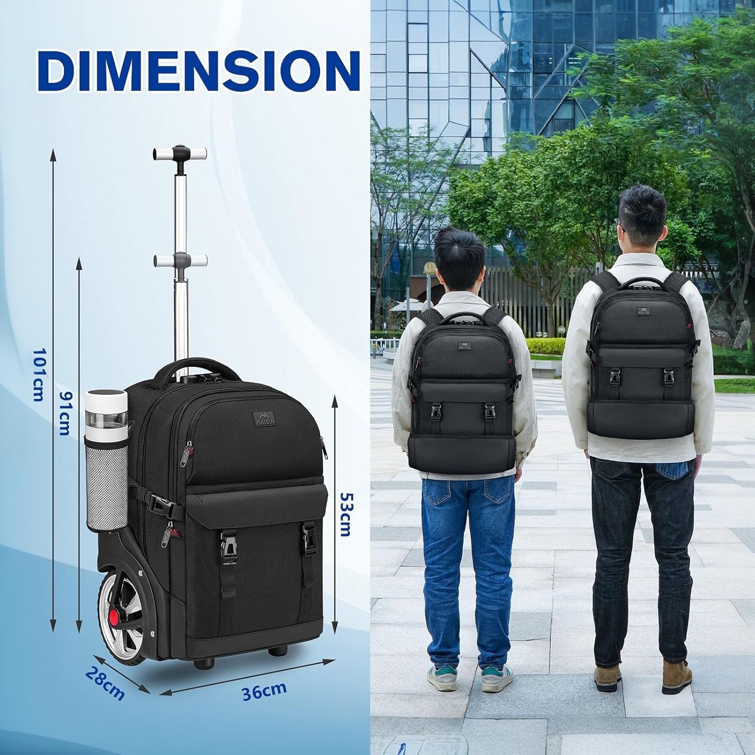 MATEIN Trolley Rucksack mit Rollen, 17,3 Zoll Trolley Rucksack mit Groß Rädern, 50L Reiserucksack mit rollen,Kombinationsschloss, Wasserdichte für Arbeit Reise, Schwarz