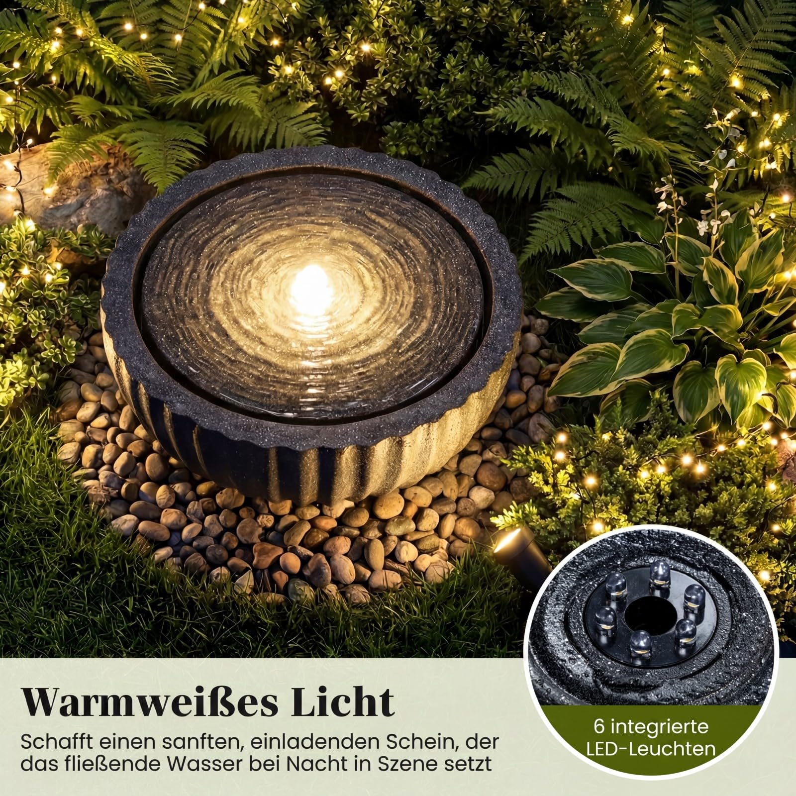 COSTWAY Springbrunnen Rund, Gartenbrunnen mit LED Beleuchtung & Pumpe, Brunnen Outdoor, Steinoptik, Zimmerbrunnen draußen, Wasserfall Brunnen für Garten Balkon Terrasse, 45 x 45 x 23,5 cm