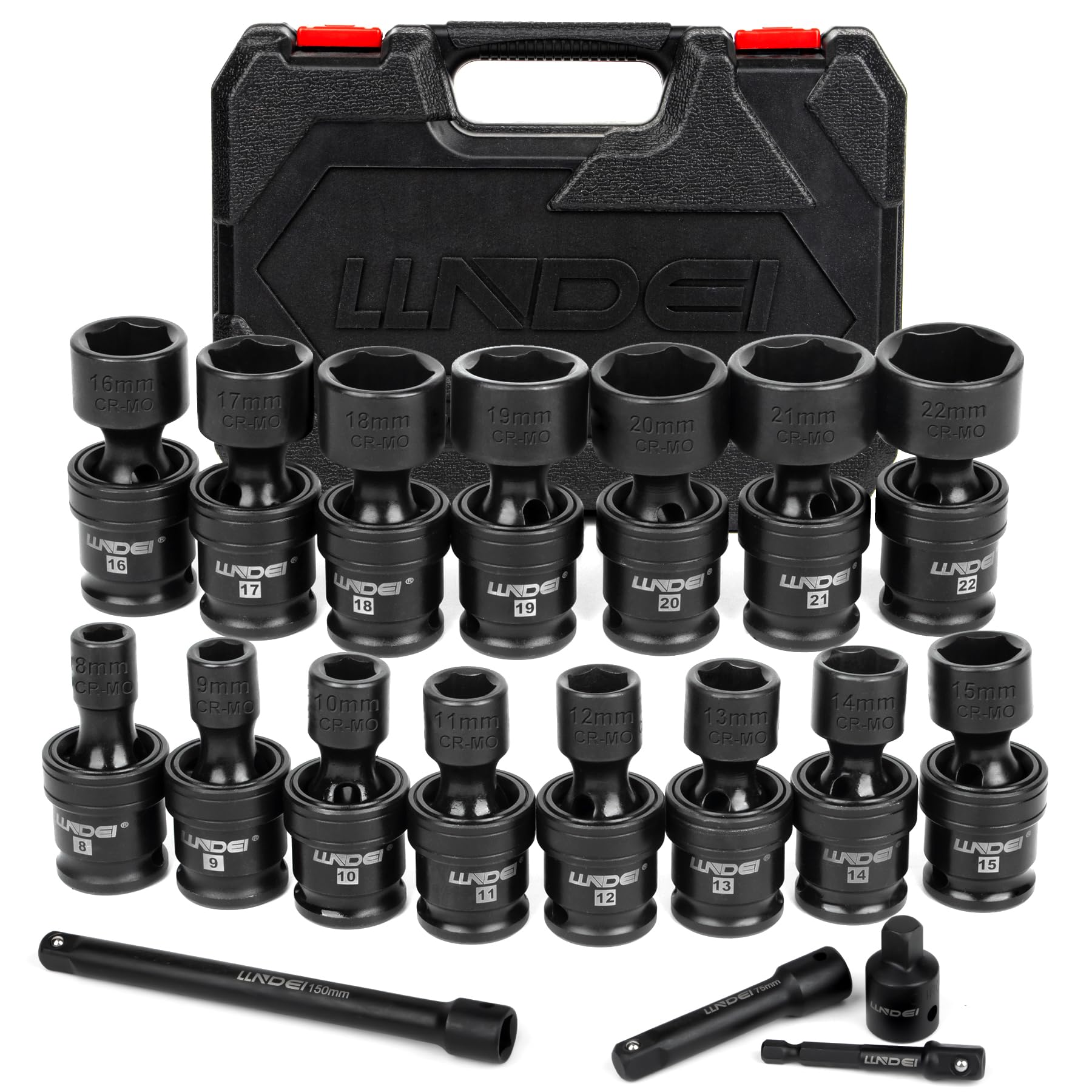 LLNDEI 3/8" Drive Universal Impact Socket Set, 19 Pieces CR-MO Swivel Socket Set, Metric(8-22mm) Wobble Sockets 6 Point with Extension Bars, Adapter