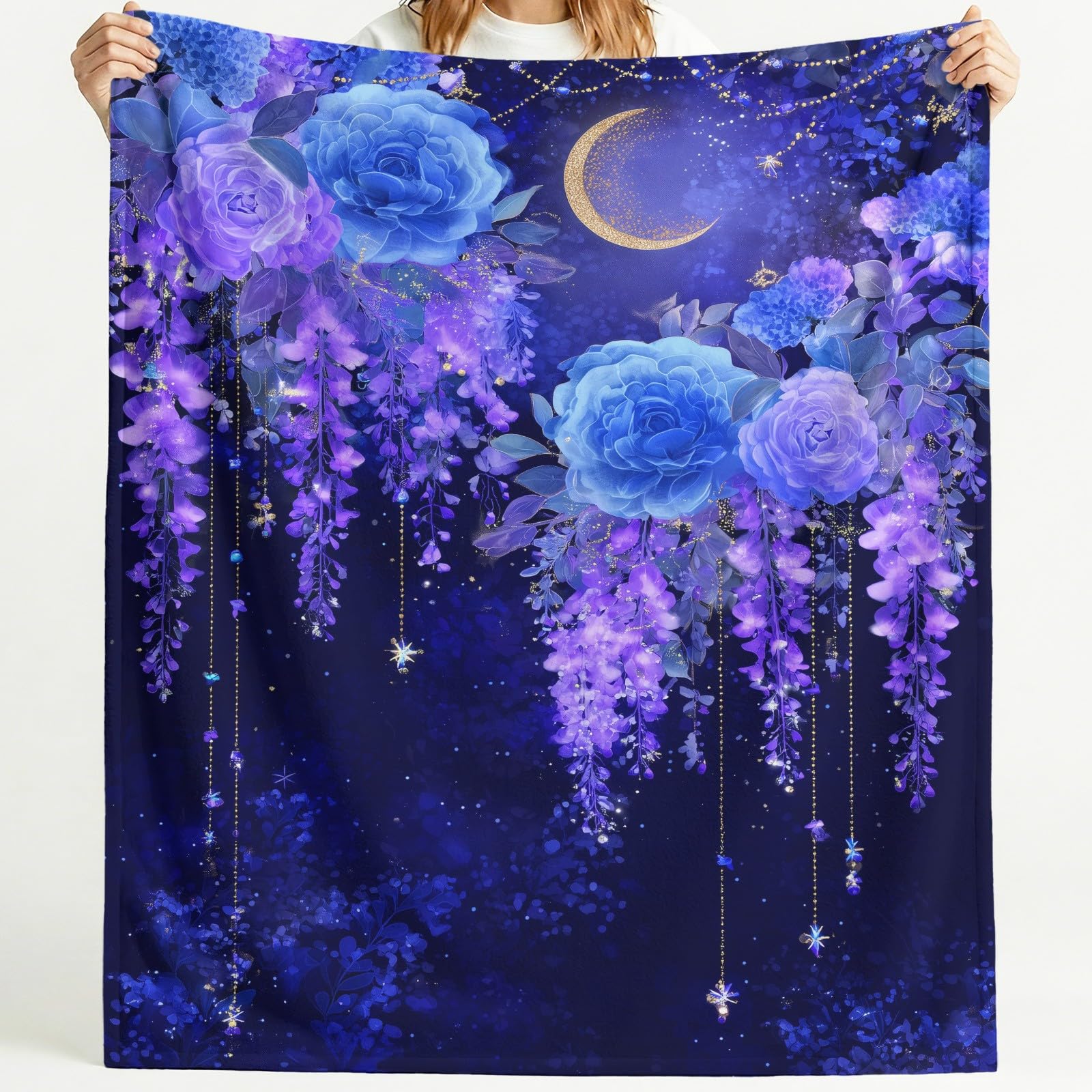Przytulny koc 180 x 200 cm – przytulny koc do mieszkania, fantazyjny, romantyczny koc polarowy, miękki i ciepły, gwiaździste niebo, kwiaty, koc do mieszkania, flanelowy, puszysty koc