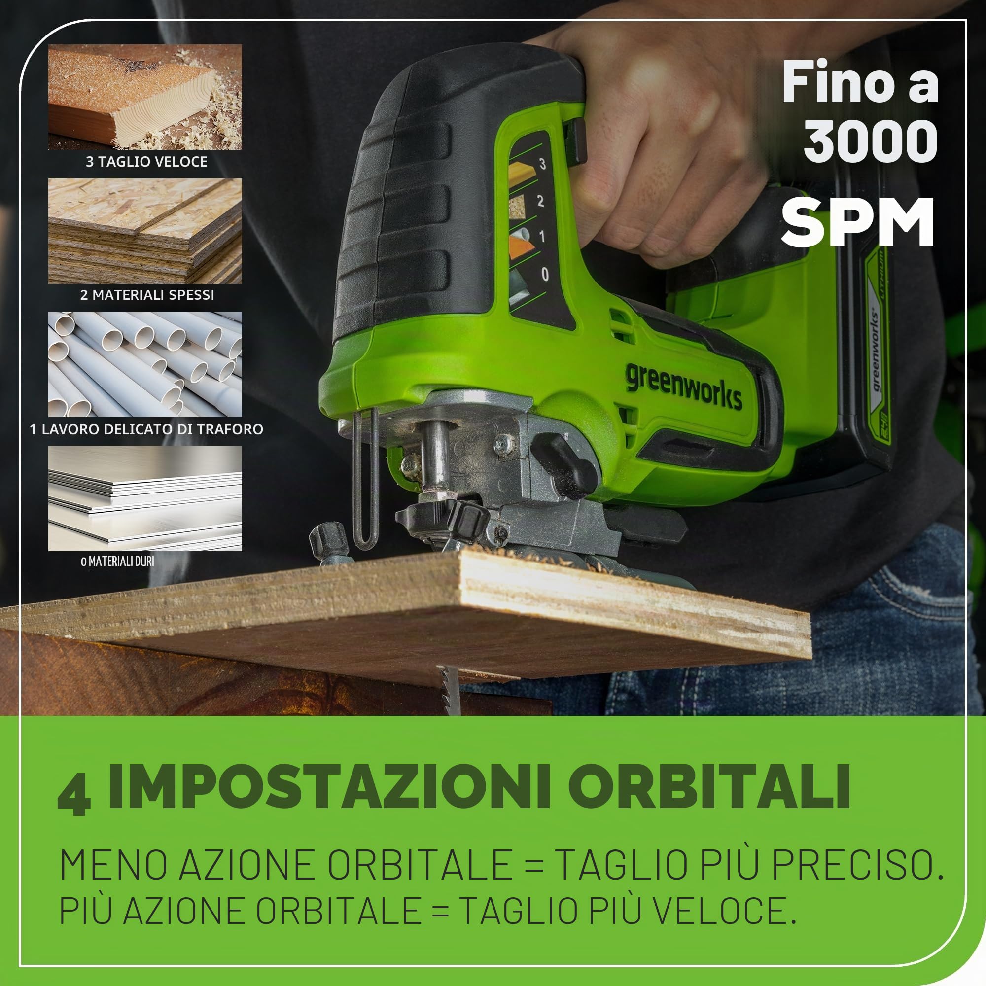 Greenworks Sega a batteria da 24 V e sega universale a batteria, altezza di sollevamento 26 mm, brushless, con lama per sega, batteria da 2 Ah e caricatore