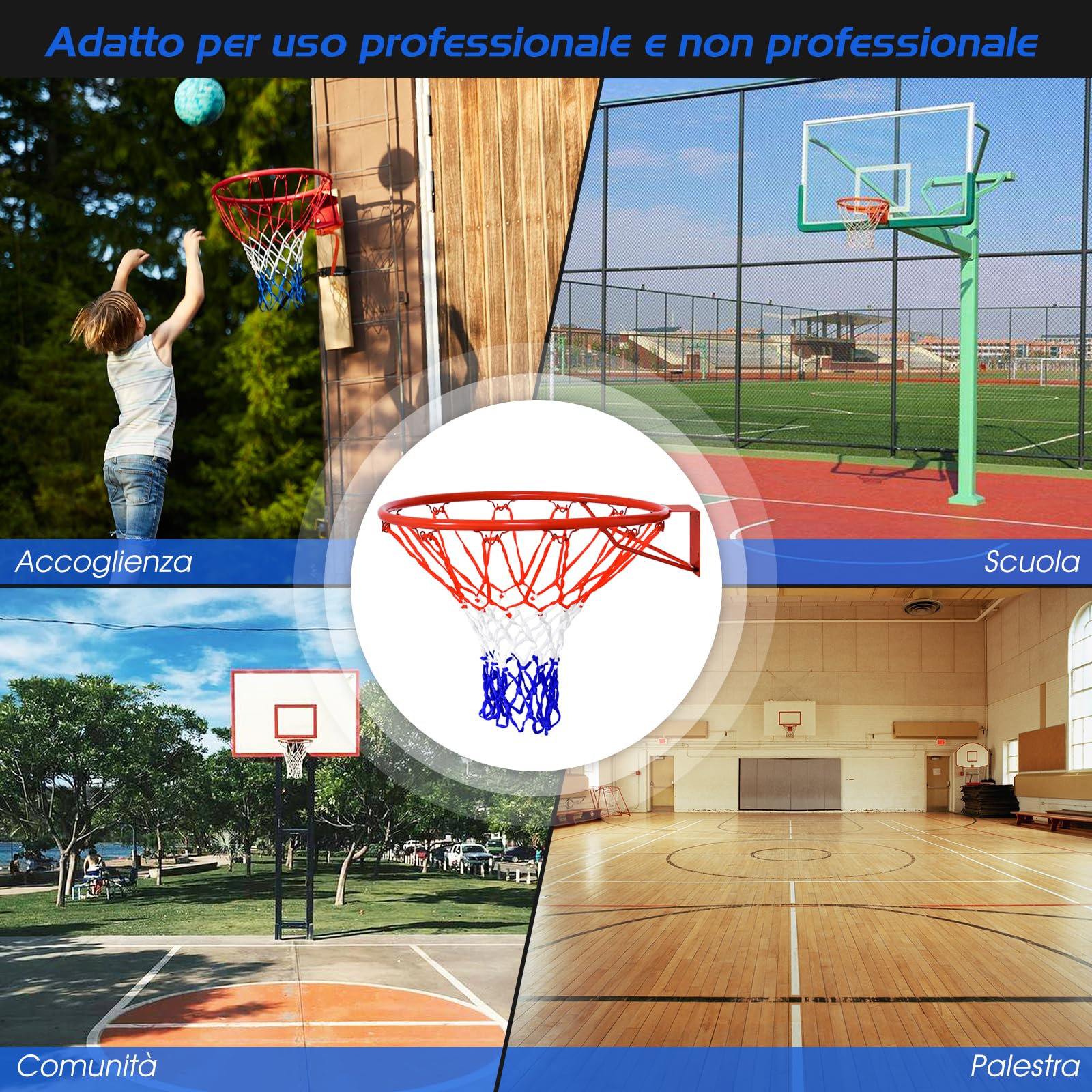 COSTWAY Canestro Basket da Muro Φ45cm in Ferro con Rete Resistente alle Intemperie e Viti, Anello da Basket per Esterno e Interno