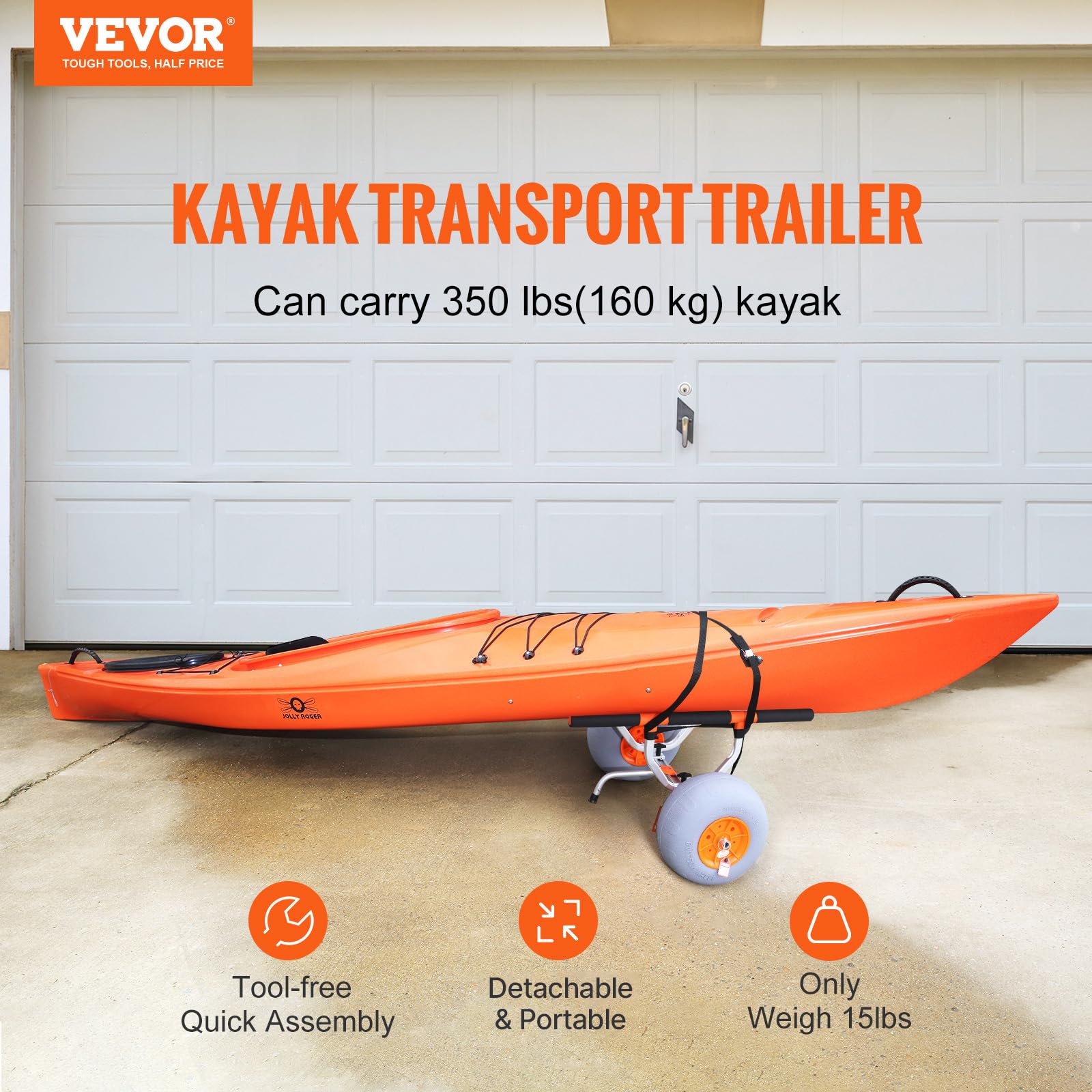 VEVOR Carrito de Kayak de Alta Resistencia Carga de 160 kg Carro de Transporte Plegable para Canoas con Ruedas Sólidas de 30,5 cm Pie de Apoyo Antideslizante y Correa de Amarre para Kayak Canoas Botes