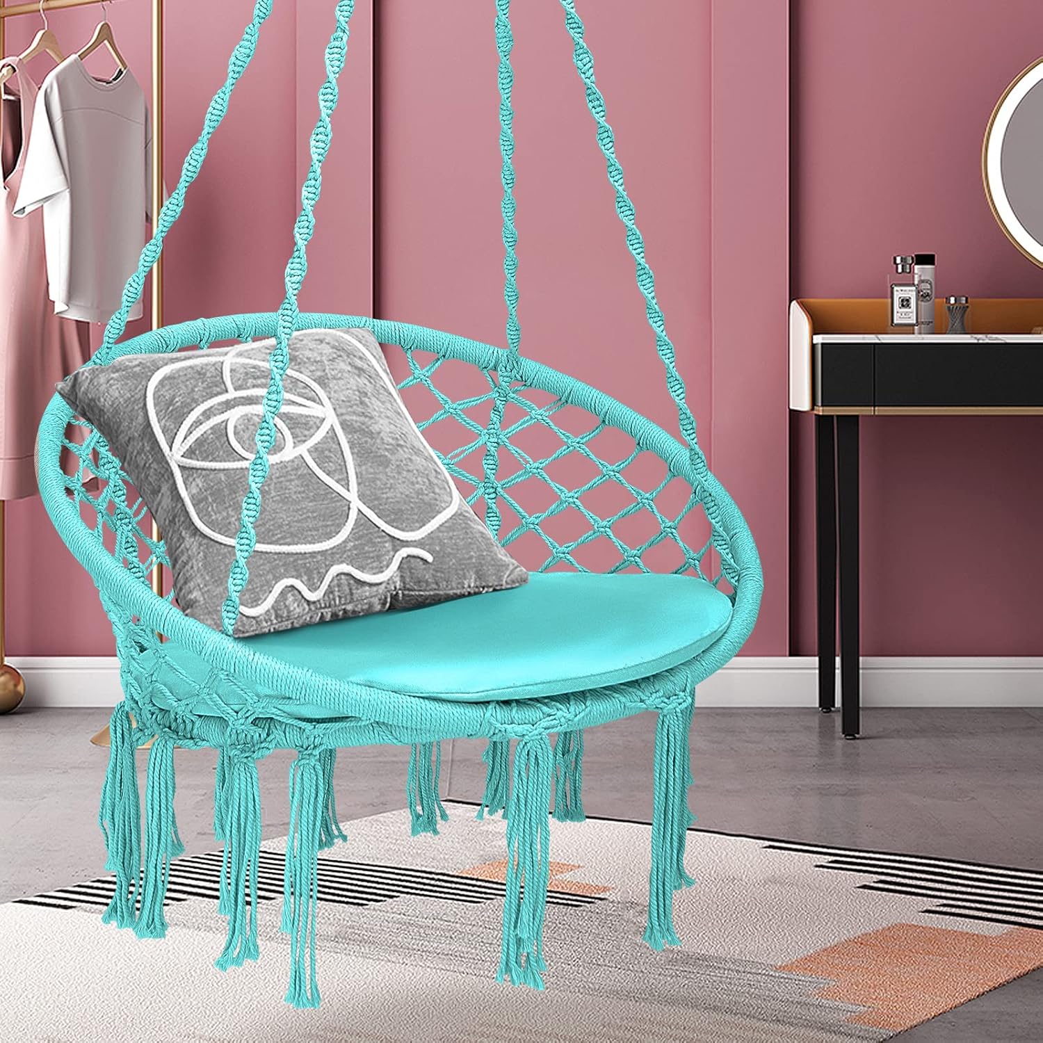 Happygrill Hammock Swing Chair with Cotton Cushion, Bohemian Style Hanging Macrame Lounge Chair with Draping Tassels, Cotton Ropes, Hanging Kit, Long Strap, Max Weight 330LBS
