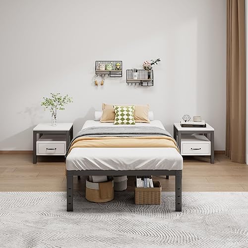 Miniatura 5 de Base de cama de metal tamaño individual, base de cama individual resistente de 14 pulgadas, no necesita somier, fácil montaje, sin ruido, base de