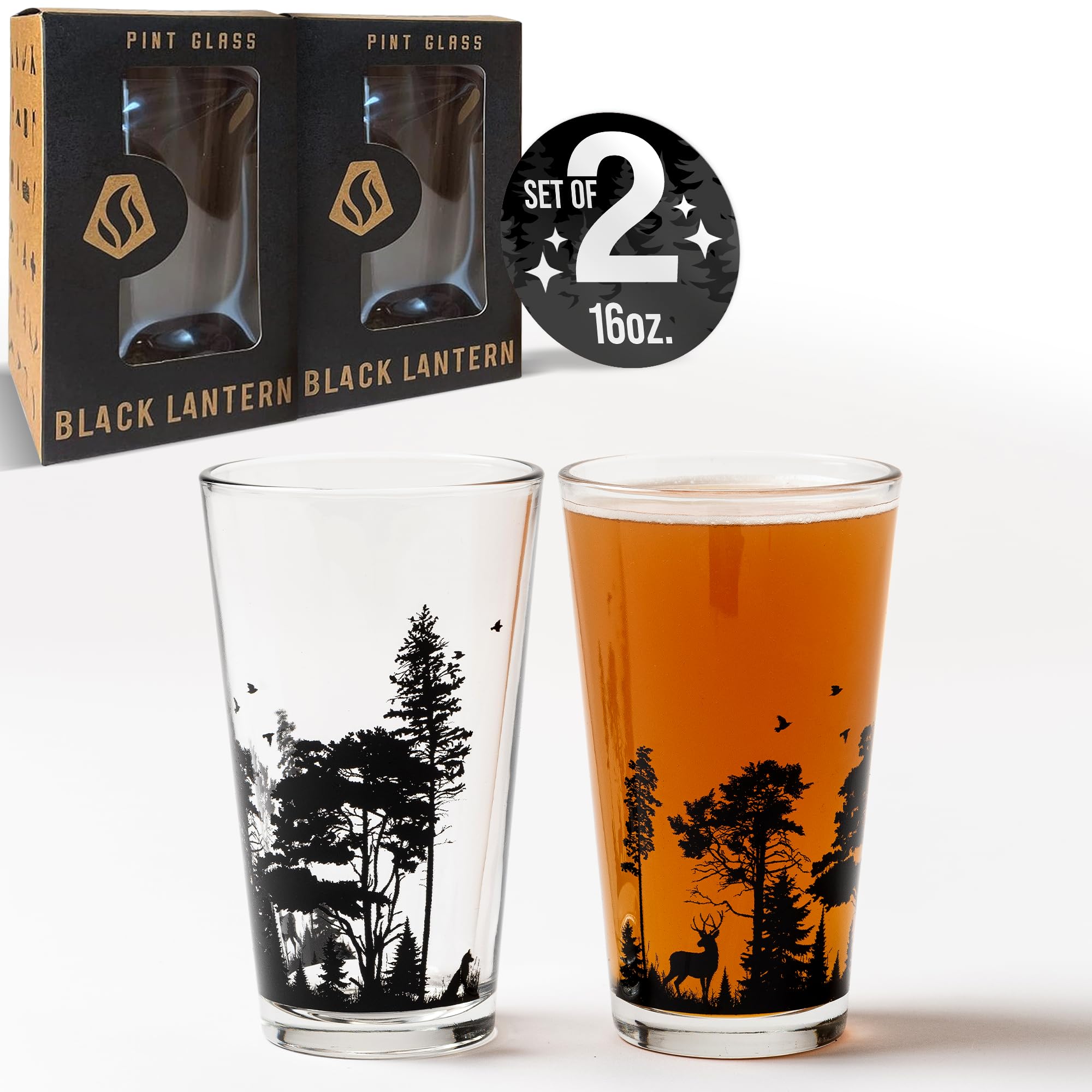 Black Lantern Nature Themed Pint Glasses Set of 2 – Pint Glasses in Unique Designs for Craft Beer Enthusiasts - (Set of Two 16oz. Glasses) - Beer Glasses for Nature Lovers (Forest Animal)