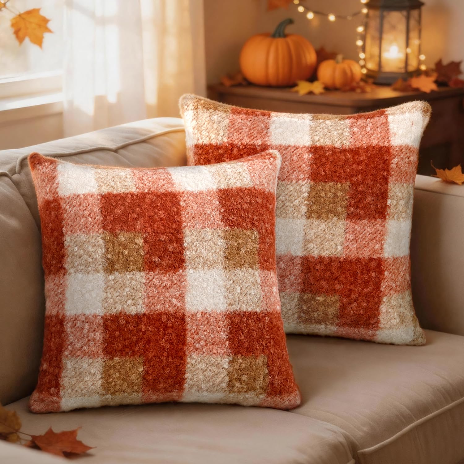 Artmag Fall Throw Pillow Covers 22x22 Inch Set of 2 Buffalo Plaid Decorative Pillow Covers Autumn Farmhouse Rustic Decor for Sofa Couch Orange