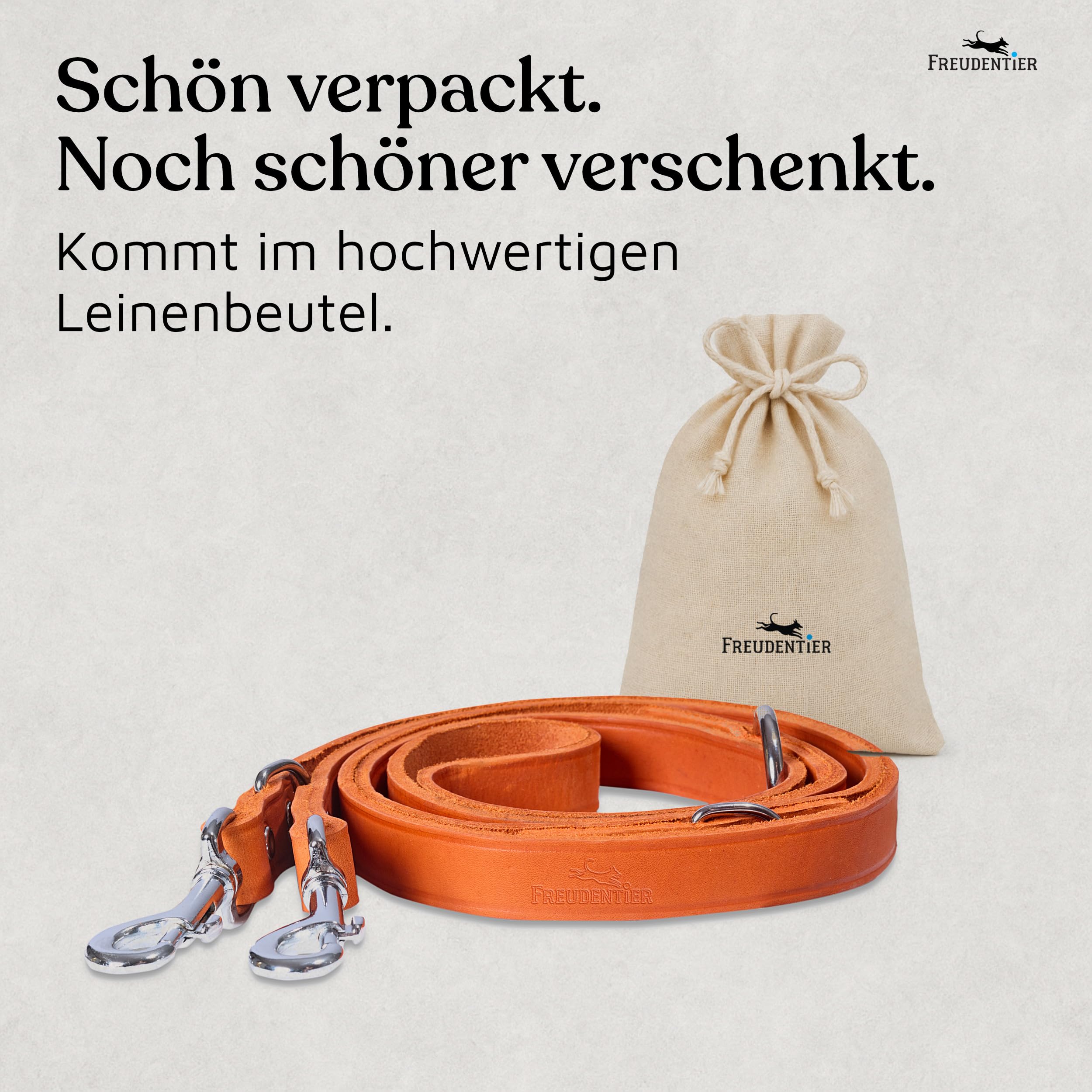 FREUDENTIER Hundeleine Leder 2m - Lederleine verstellbar - Führleine aus Fettleder für kleine, mittelgroße & große Hunde - Alsterufer Kollektion (Sunset Orange, 16mm breit)