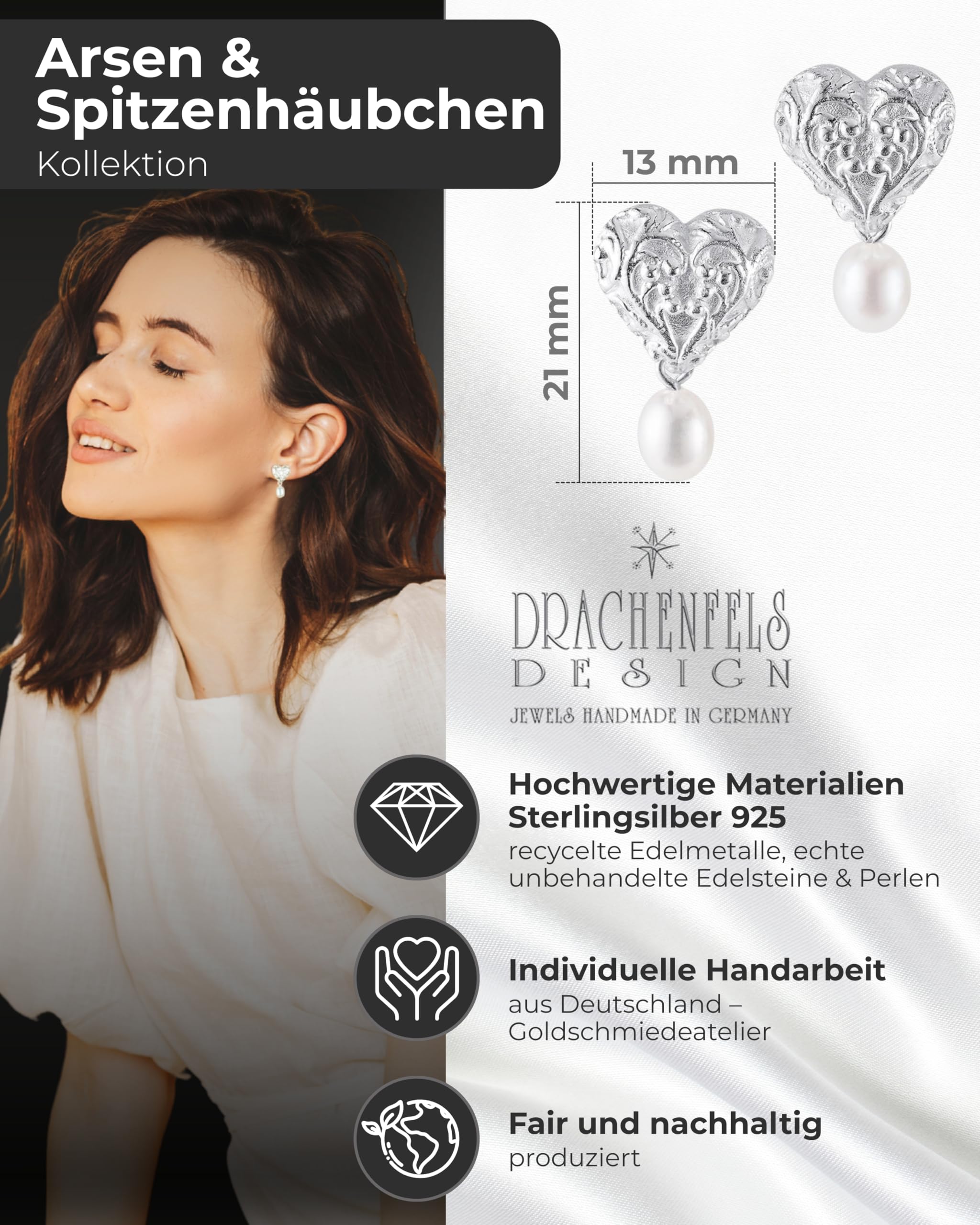 Drachenfels "Arsen & Spitzenhäubchen" Ohrringe I Ohrstecker aus 925 Sterling Silber I Nickelfreie Damen-Ohrringe mit Süßwasserperle I In Goldschmiedequalität gefertigt I D AS 24/AG