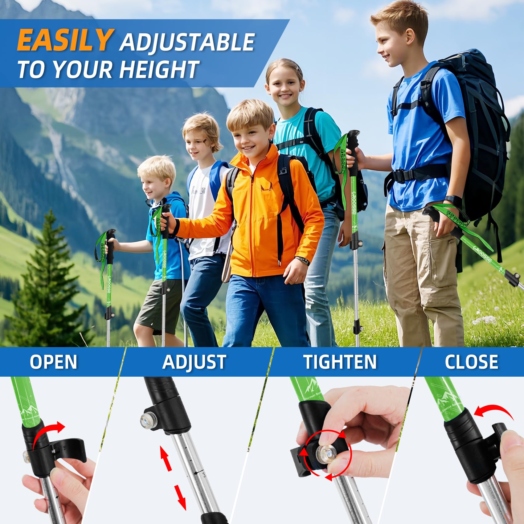 Kinder Trekkingstöcke aus Aluminium, Leichte Teleskopische Wanderstöcke mit Schnellverschluss, Höhenverstellbar für Jungen und Mädchen, Ideal für Wandern, Camping und Nordic Walking