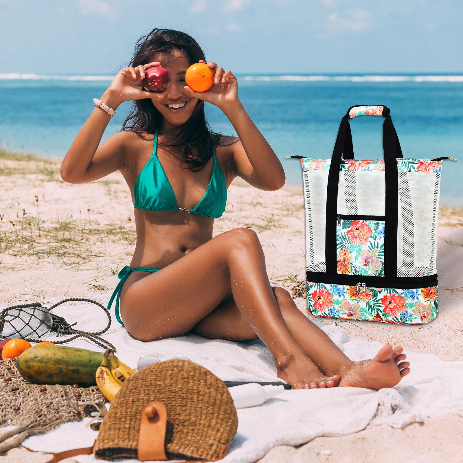 Bluboon Mesh Beach Tote Bag with Cooler Insulated Detachable Pool Bags for Women (Flower Orange)