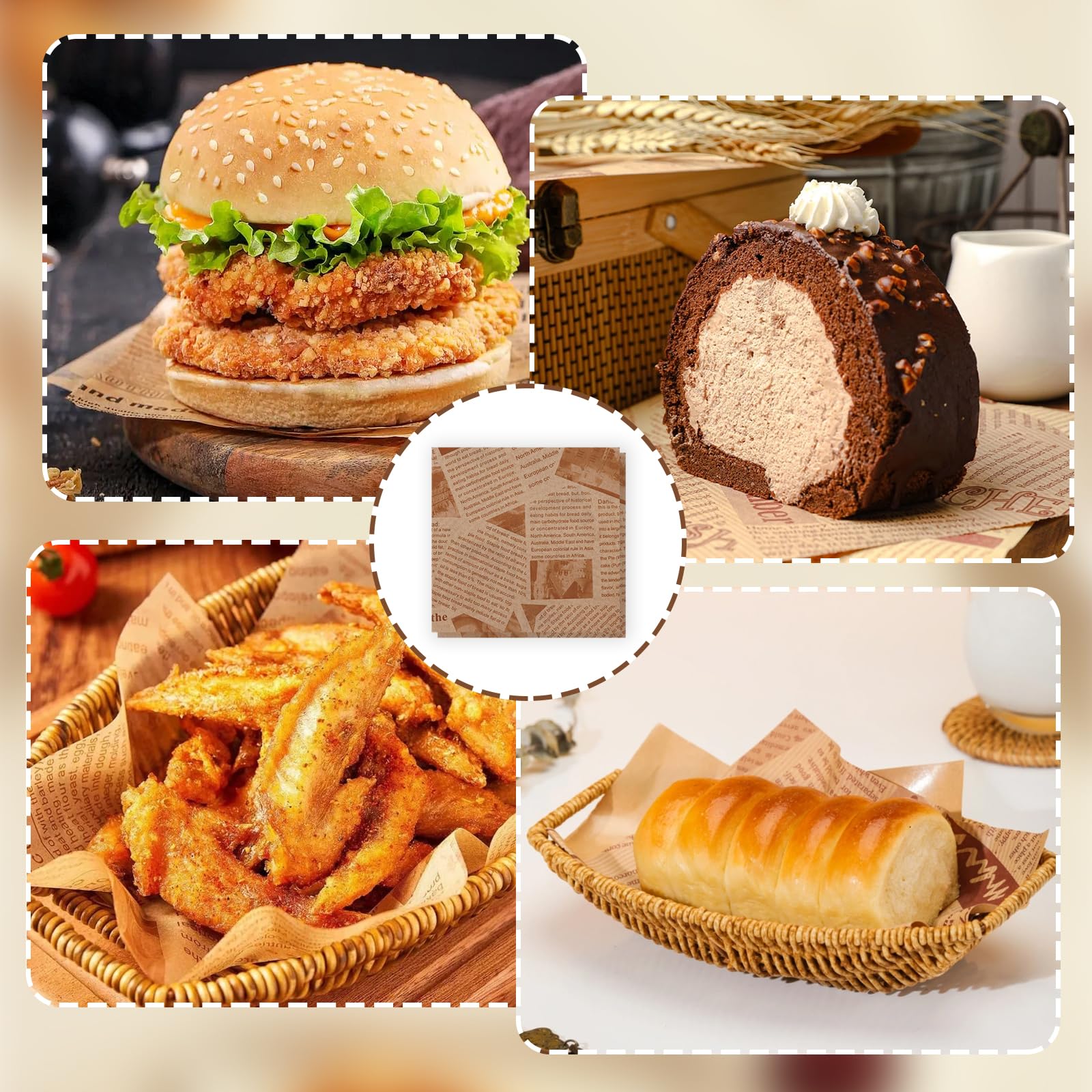 100 Pezzi Fogli Carta Alimentare, 25×25cm Carta Oleata per Alimenti, Ideale per Panino Hamburger Fritte Formaggio Torte