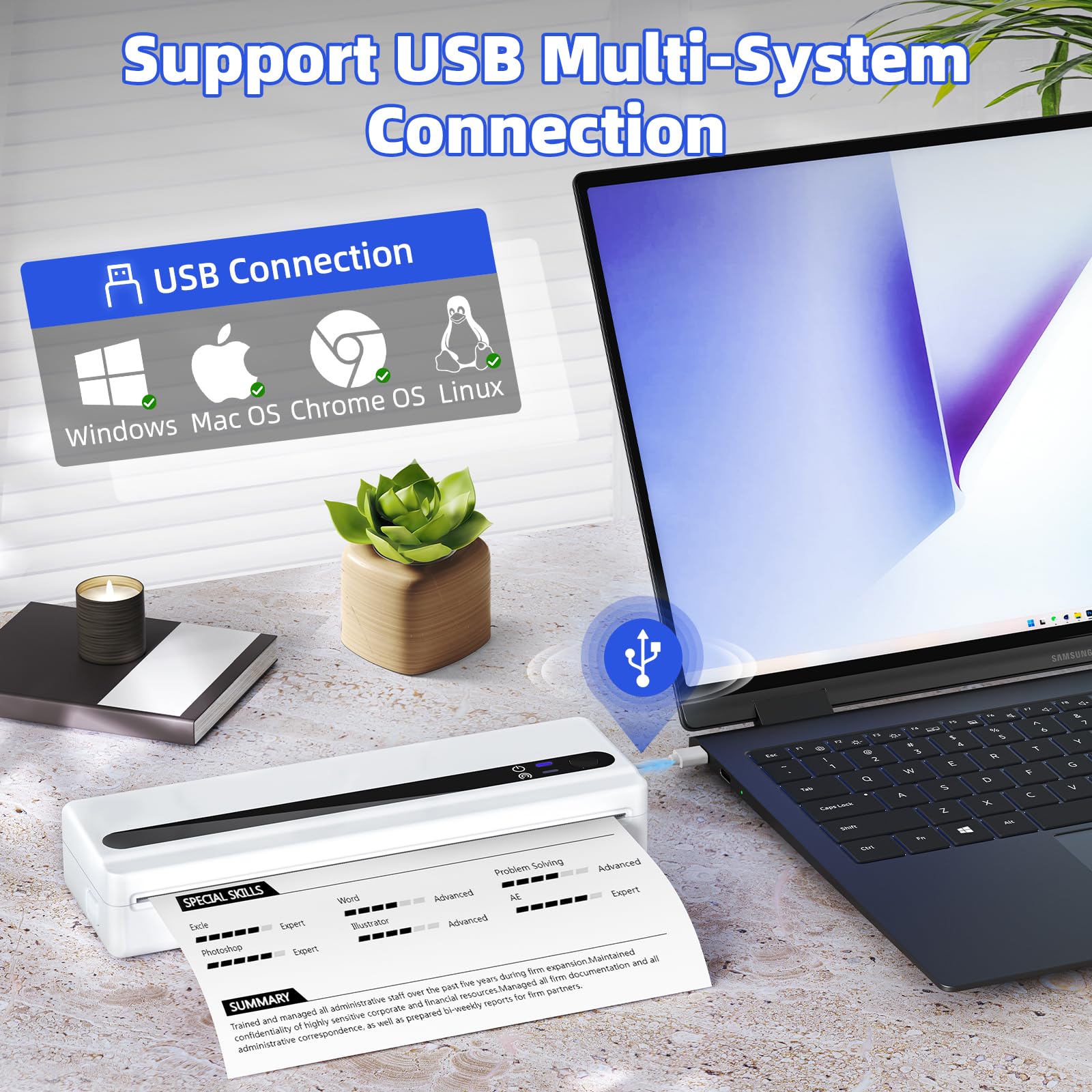PB821 Impresora Térmica Portátil A4 con Bluetooth, Impresora sin Tinta, Impresora termica a4 para Android e iOS, Impresora portatil para Viajes, Trabajo, Escuela, Blanca