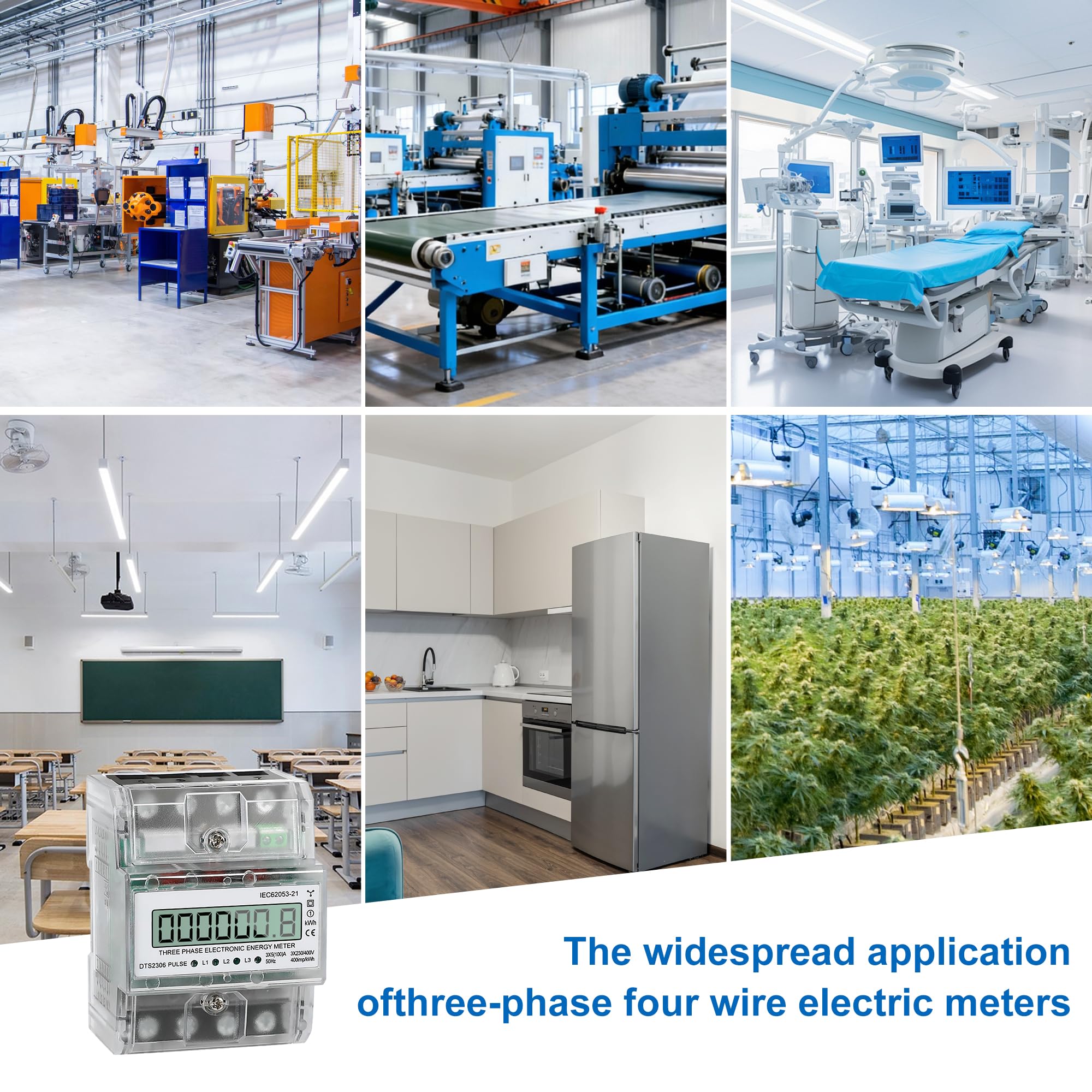 Contador de Corriente 3 Fases, Contador de Torsión 5-100A, Contador de Energía DIN 6+1 Puestos, 230/400V Contador Bidireccional Digital KWh Con Salida de Impulso