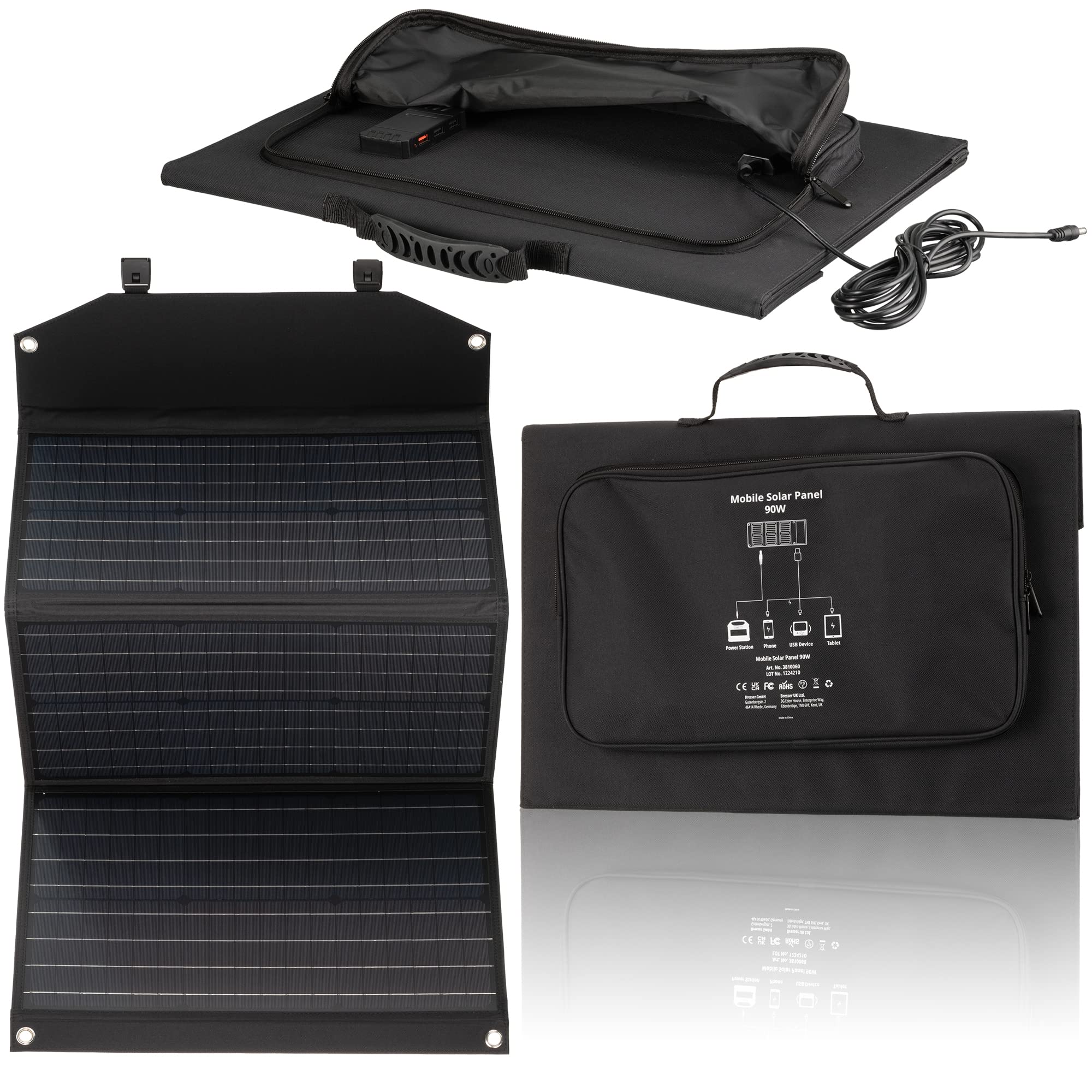 Bresser Solar Ladegerät 90W mit 1x DC- und 3x USB-A-Anschlüssen inkl. USB-A-Buchse mit QC3.0 zur Schnellladung, Solar-Panel als Ladegerät für Smartphones, Power-Stations etc.