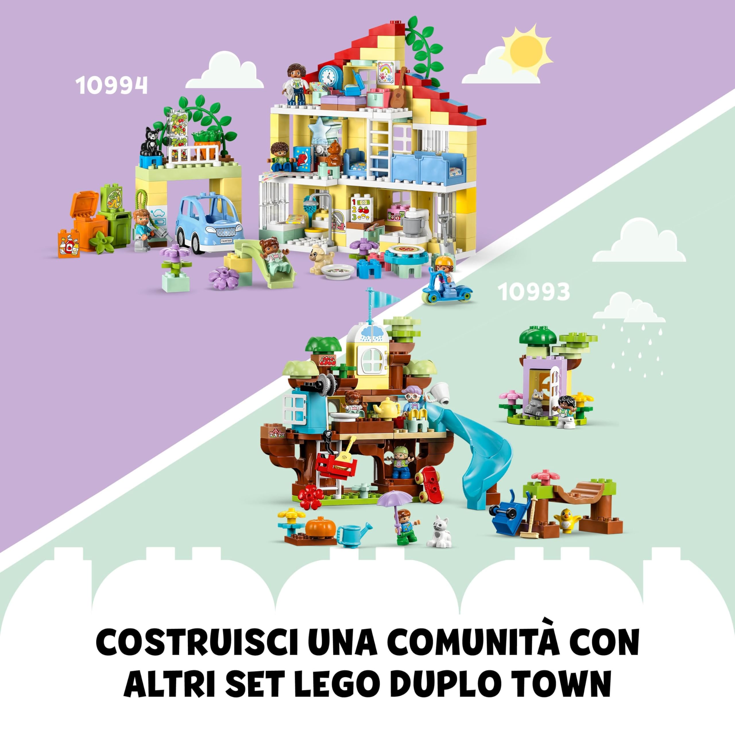 LEGO 10994 DUPLO Casetta 3 in 1, Casa delle Bambole in Mattoncini con Auto Push-and-Go, Giochi per Bambini e Bambine dai 3 Anni in su con 5 Figure, 2 Animali e Lampada Luminosa