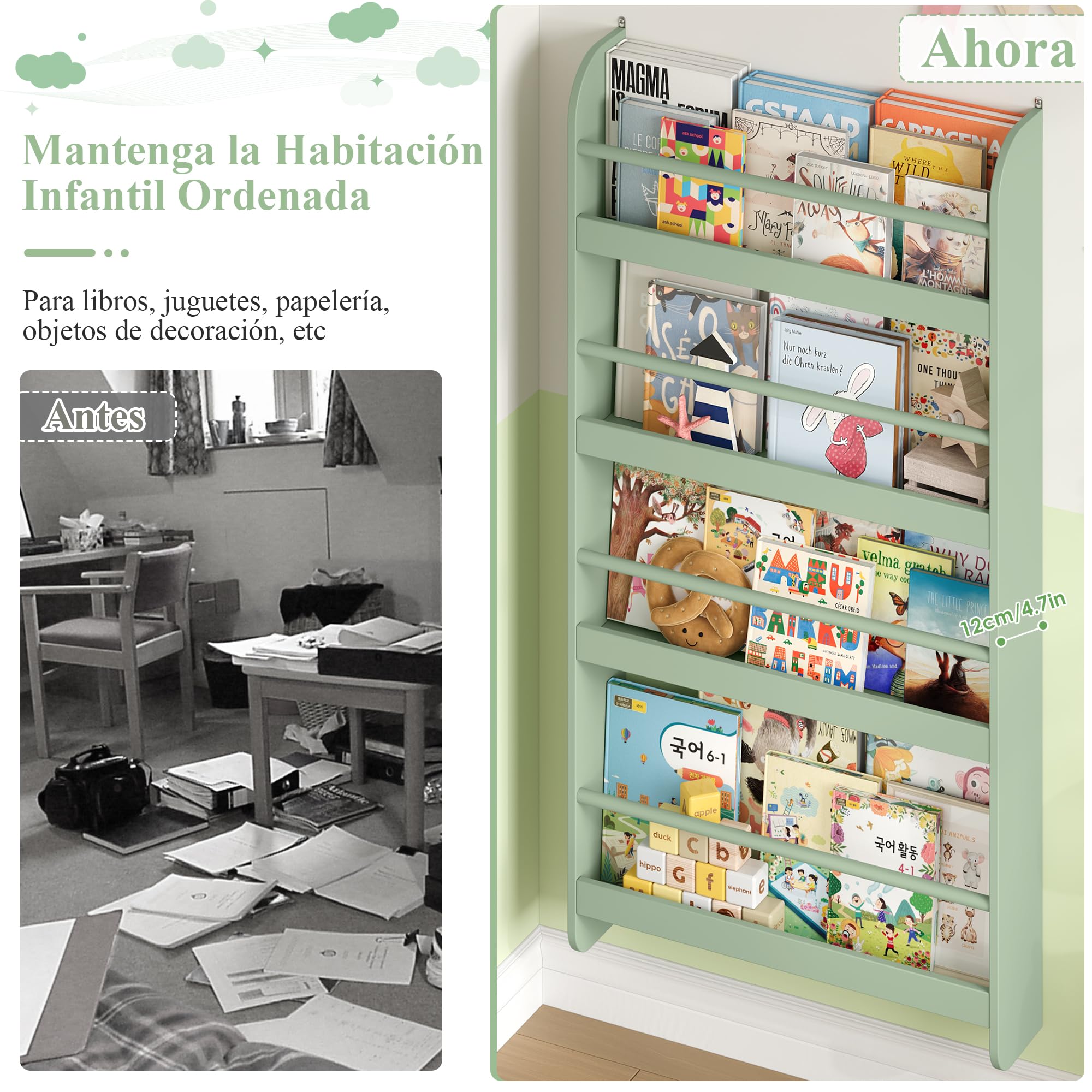 FOREHILL Estantería Infantil Pared, Estantería Infantil Libros, Librería Infantil Montessori, Madera, para Niños, 4 Estantes 111x58x12cm Verde