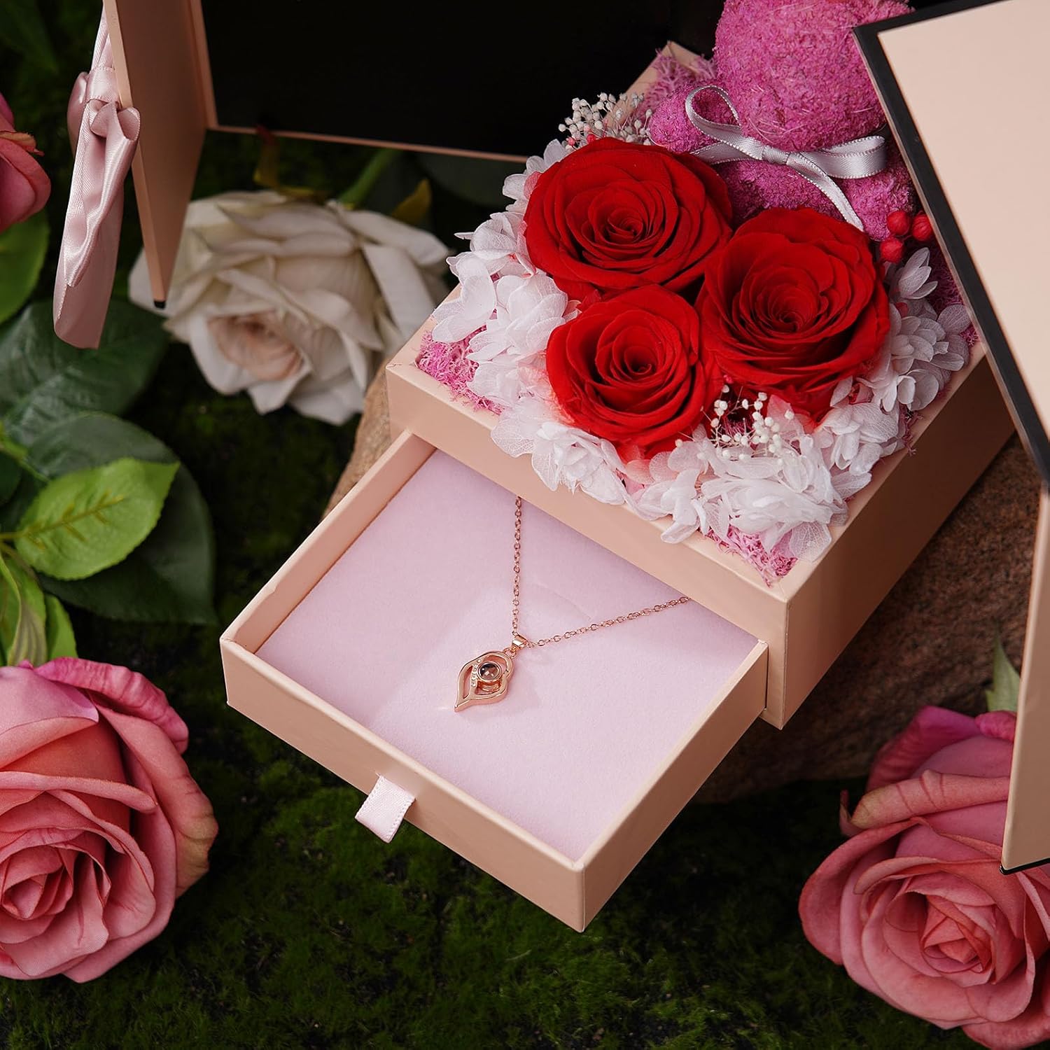 ADDWel Valentines Day Rose Gifts for Women, Preserved Eternal Roses Bear Gift Box with I Love You Necklace 100 Languages Romantic Forever Real Roses Gifts for Her Girlfriend Wife Mom Birthday Presents - Image 4
