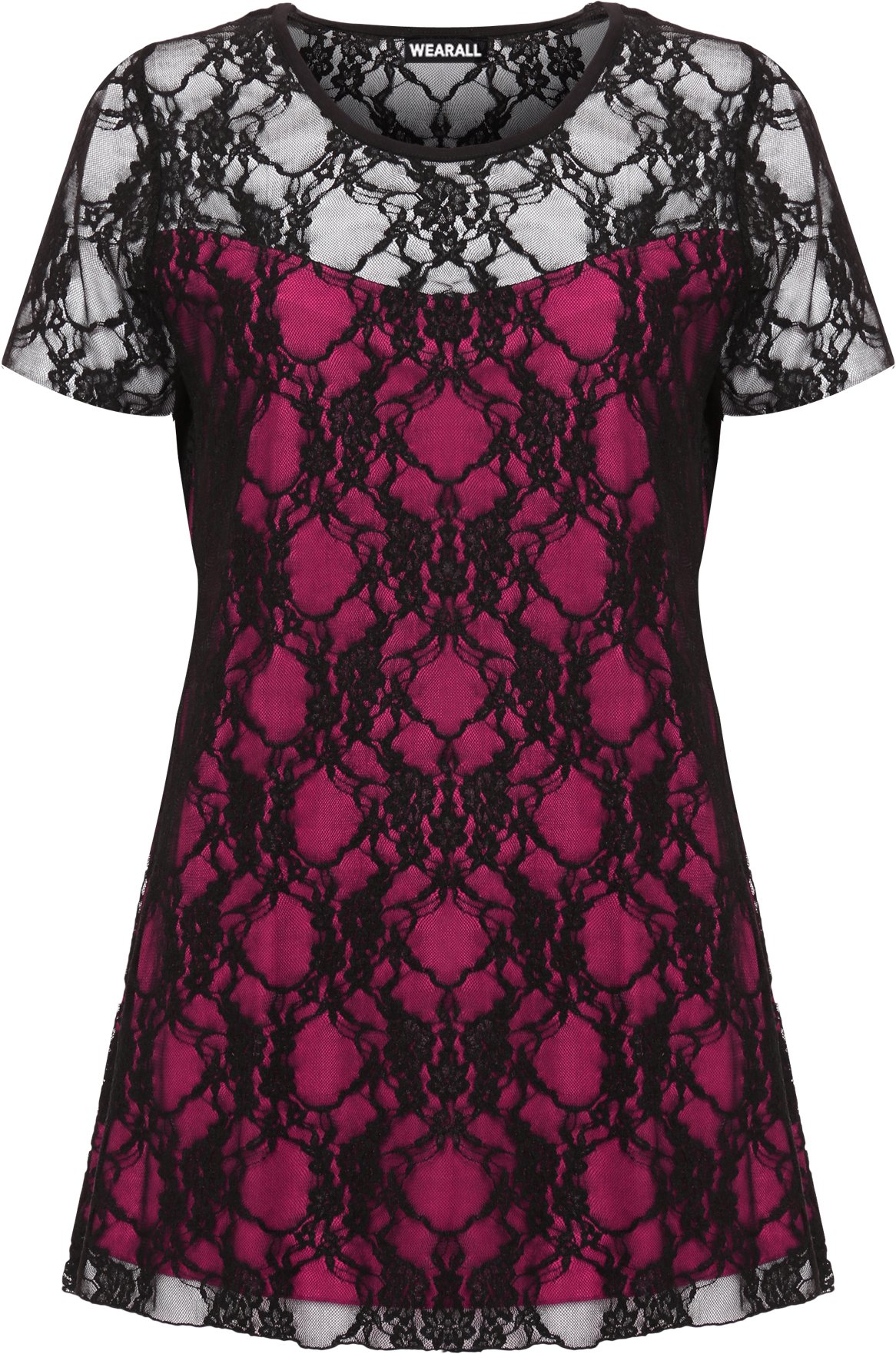 Wearall Women's Black Cerise New Lace Lined Top Plus Size Stretch Short Sleeve Top 26/28
