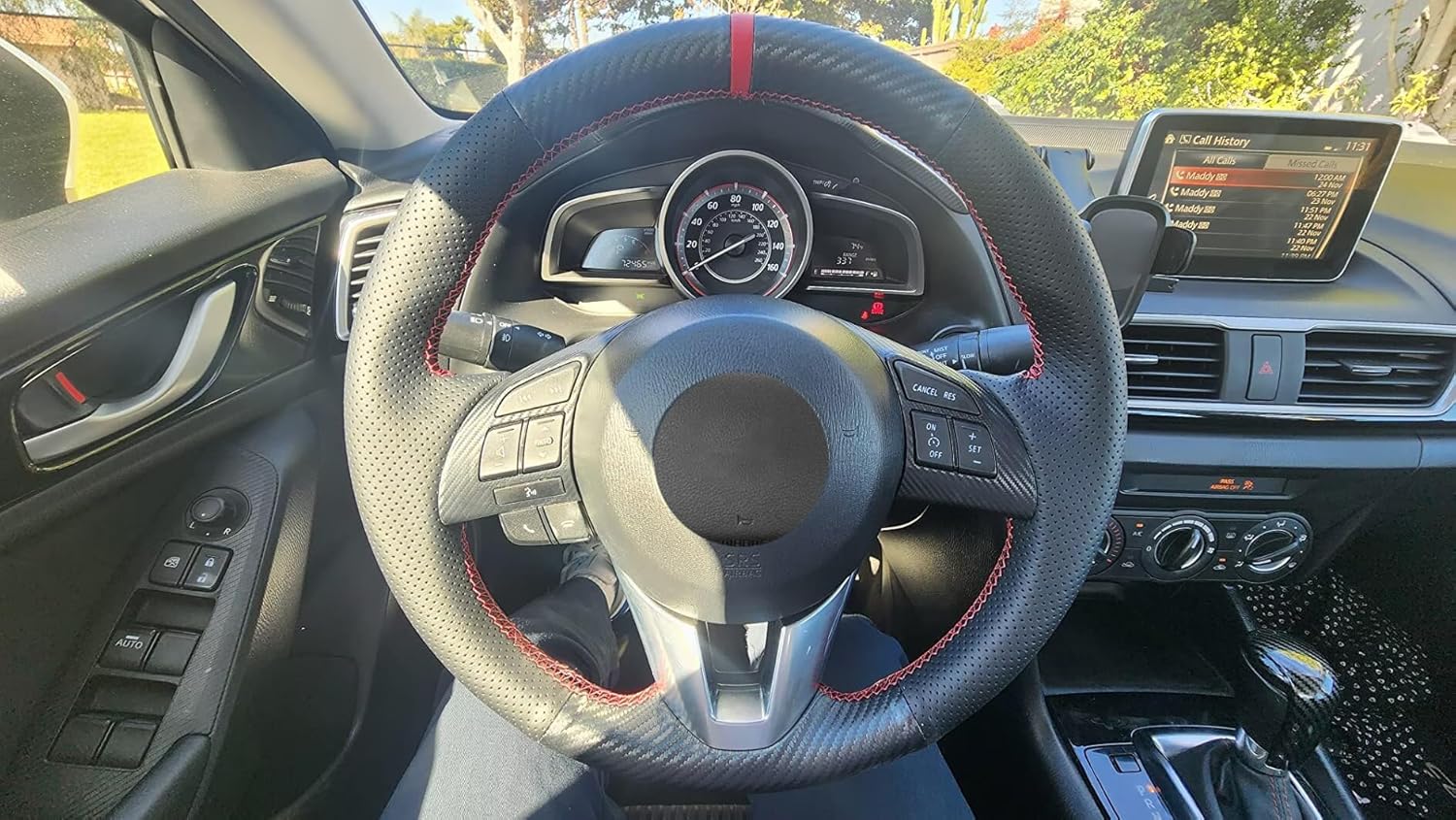 Loncky Custom Carbon Fiber Leather Steering Wheel Cover for Mazda CX-5 2013 2014 2015 2016/ Mazda 6 2014 2015 2016/ Mazda 3 2014 2015 2016/ Mazda CX-3 2016/ Scion iA 2016 Stitched OEM Accessories