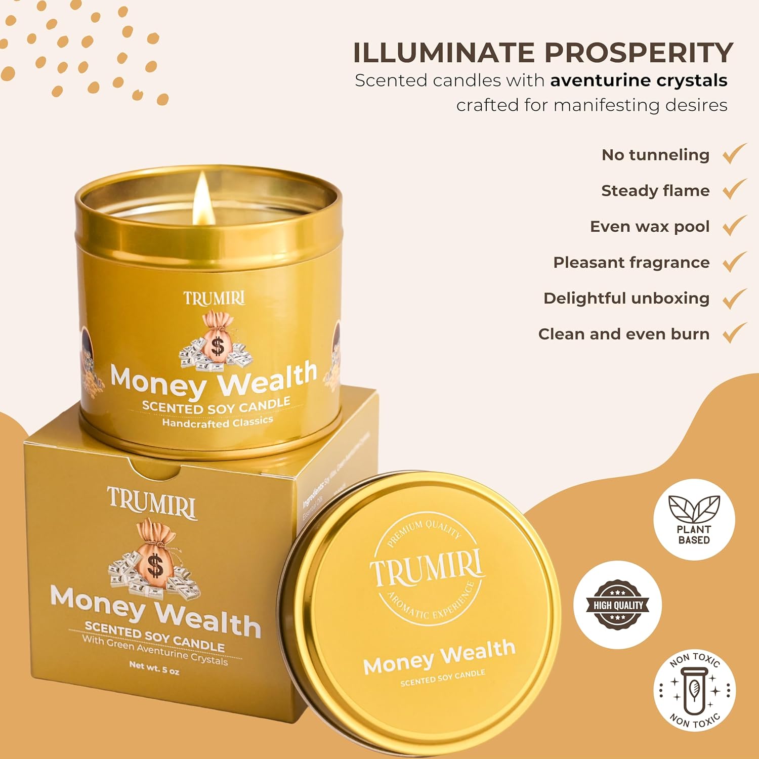 Money Wealth - Crystal Candles for Home Scented - 5oz Soy Wax Natural Clean Organic Non Toxic with Essential Oils - for Real Cash Luck Manifestation Aromatherapy Gift Bathroom - Long Lasting Candel - Image 4
