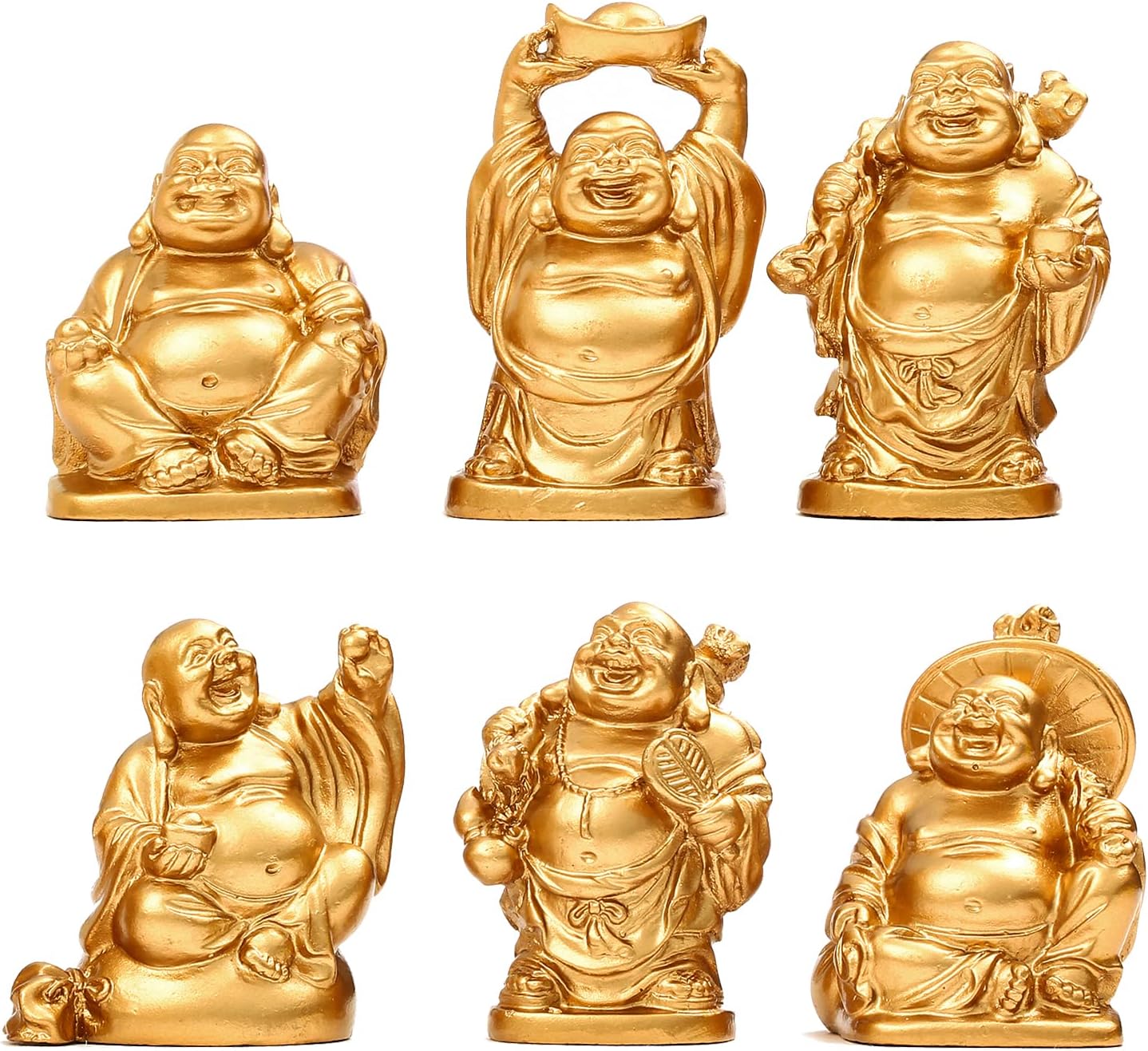 Resin Fesng Shui Laughing Buddha Statues Gold Lucky Happy Maitreya Statue 5.5cm(H) Desk Flower Pot Decoration Collectible Gift 6pcs TQGJST3