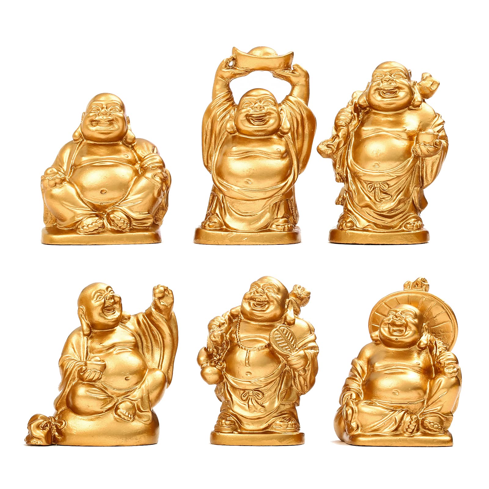 Resin Fesng Shui Laughing Buddha Statues Gold Lucky Happy Maitreya Statue 5.5cm(H) Desk Flower Pot Decoration Collectible Gift 6pcs TQGJST3