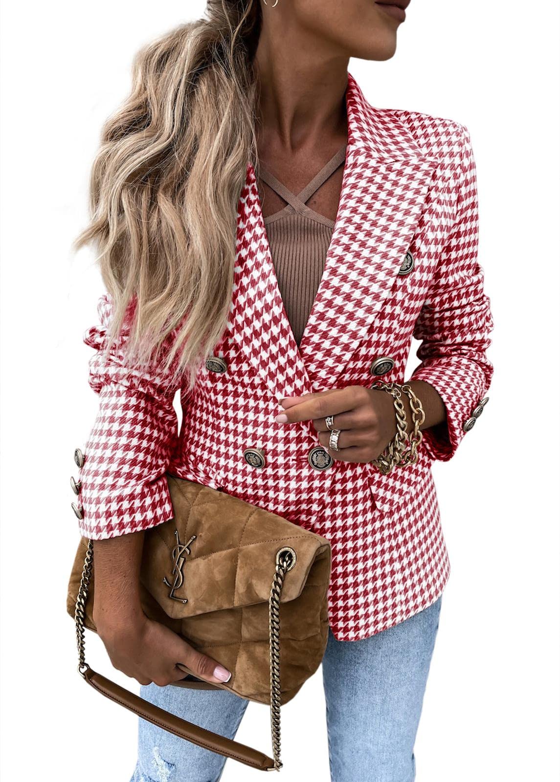 Womens Houndstooth Suit Long Sleeve Notched V Neck Casual Button Down Blazer