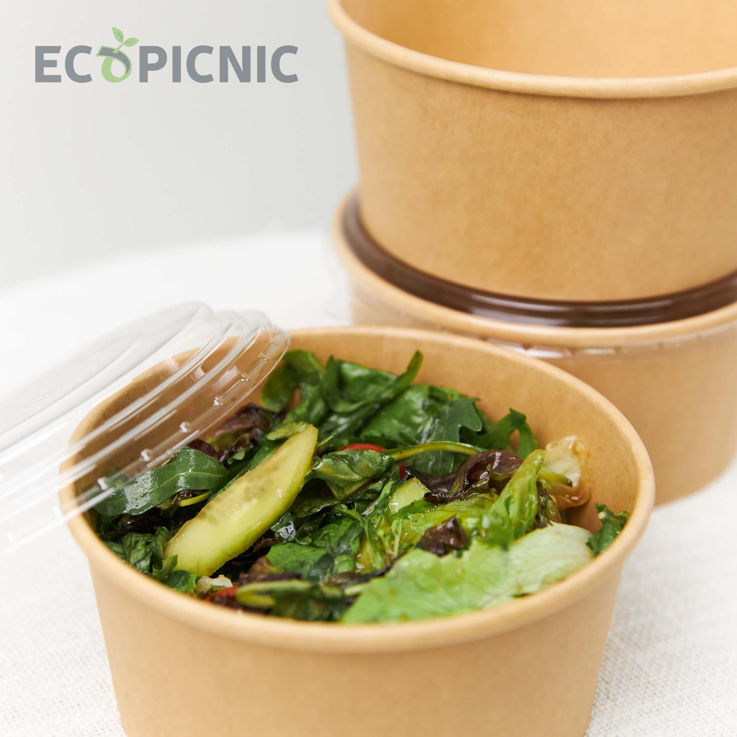 Ensaladeras Redondas de Papel Kraft con Tapa PET 300 unidades 1300 ml | Cuencos desechables de cartón kraft con tapa, ideales para ensaladas, sopas, aperitivos y alimentos para llevar