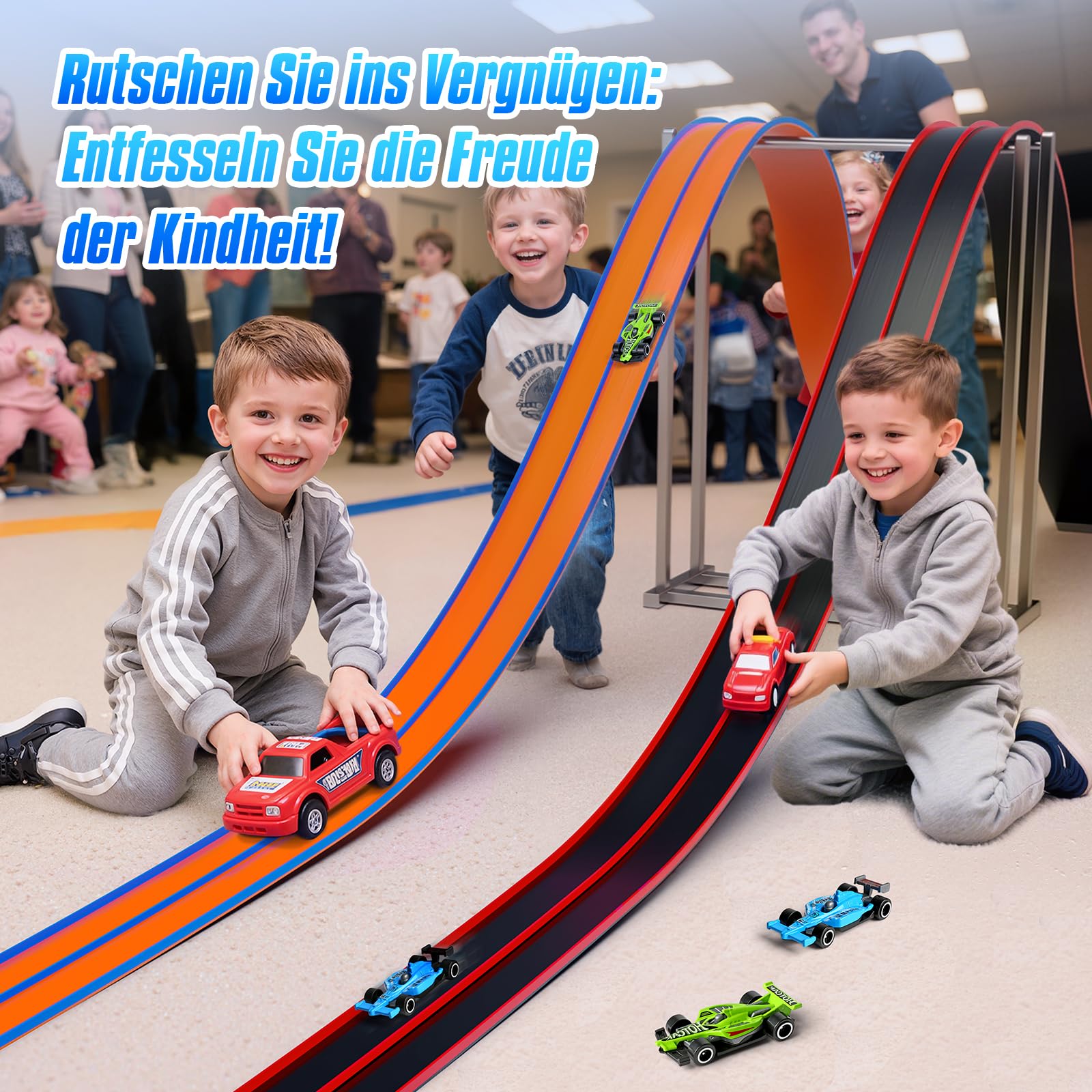 Rennbahn Kinder 4.5 Meter - Flexible Autorennbahn Mit 4 Autos Ab 3 Jahren